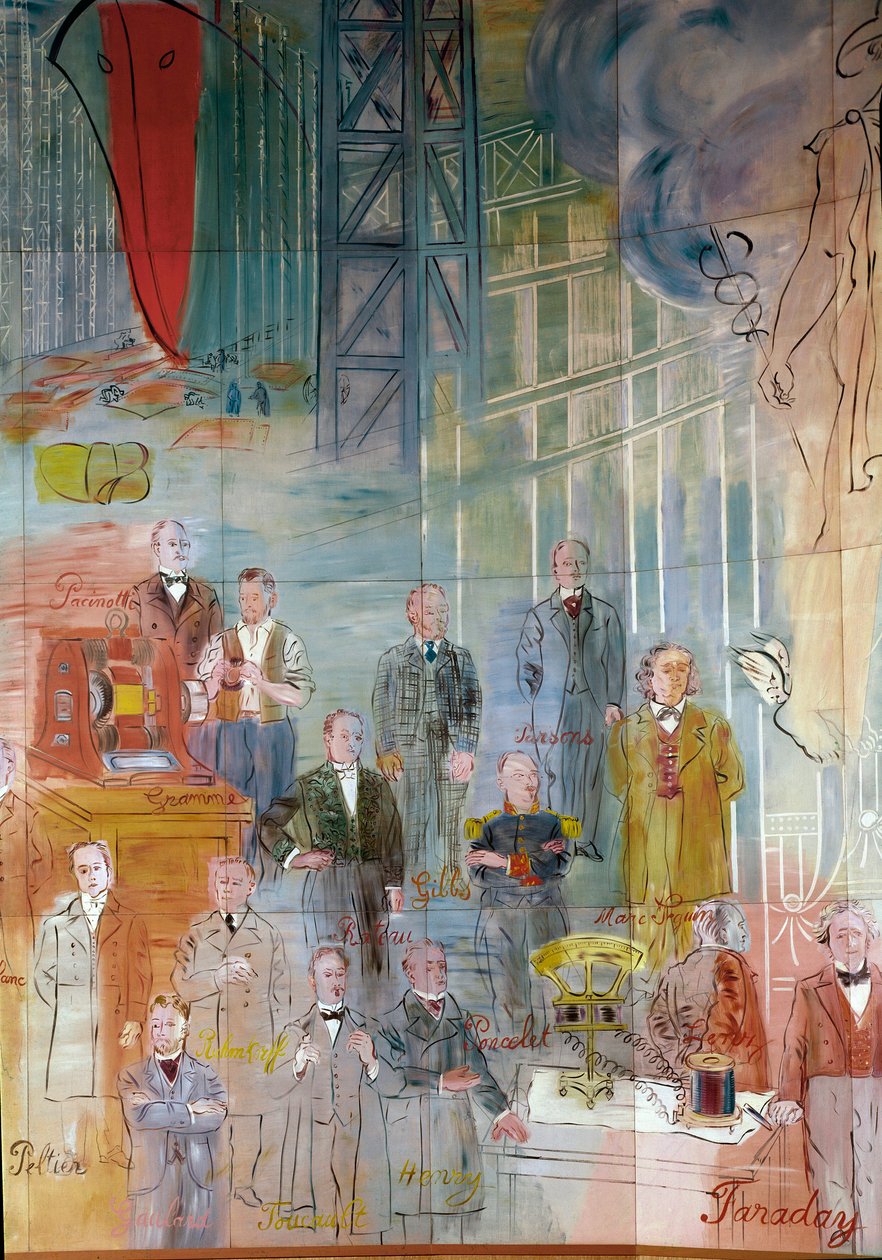 La Fee Electricite, detalje: Portrætter af forskellige intellektuelle og videnskabsfolk: Antonio Pacinotti, Zenobe Gram, Josiah Willard Gibbs, Charles Algernon Parsons, Marc Seguin, Auguste Camille Rateau, Jean Victor Celet og Michael Faraday. 1937 (maleri af Raoul Dufy