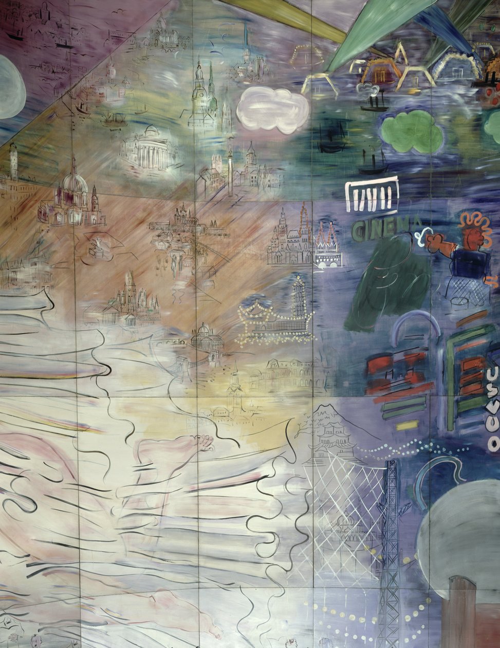 La Fee Electricite, detalje af venstre side, der viser forskellige byer af Raoul Dufy