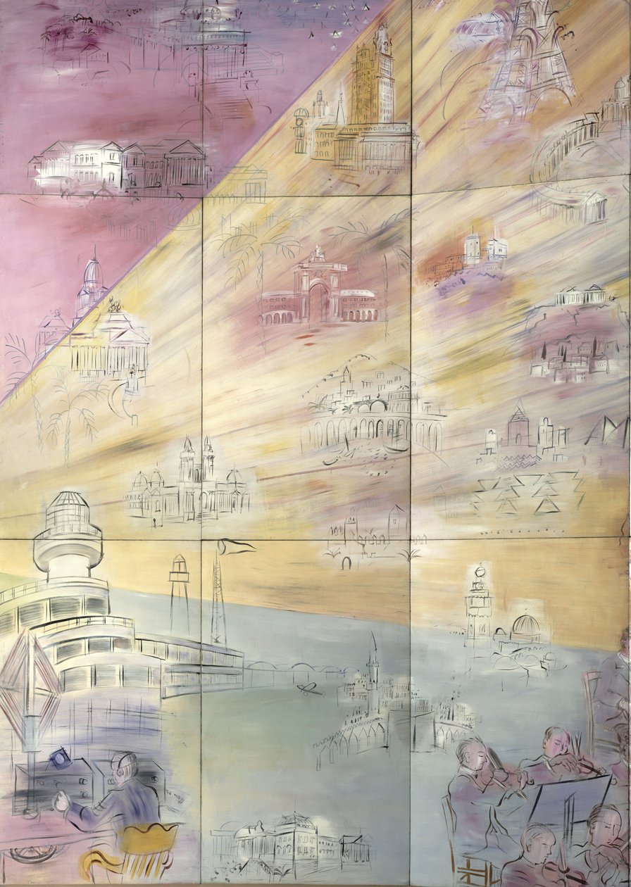 La Fee Electricite, detalje af venstre side, der viser forskellige byer af Raoul Dufy