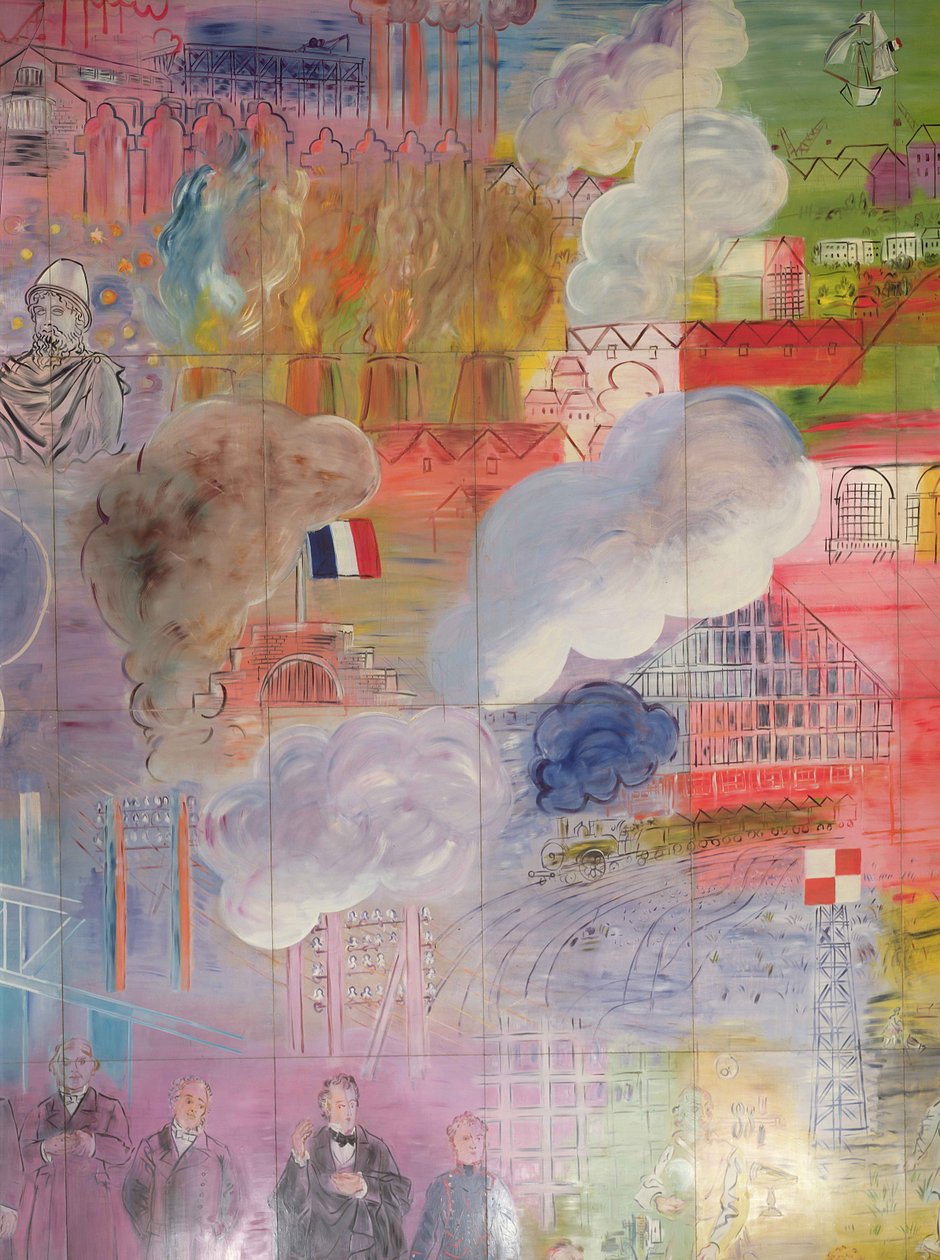 La Fee Electricite, detalje af højre side, der viser en station og fabriksskorstene af Raoul Dufy