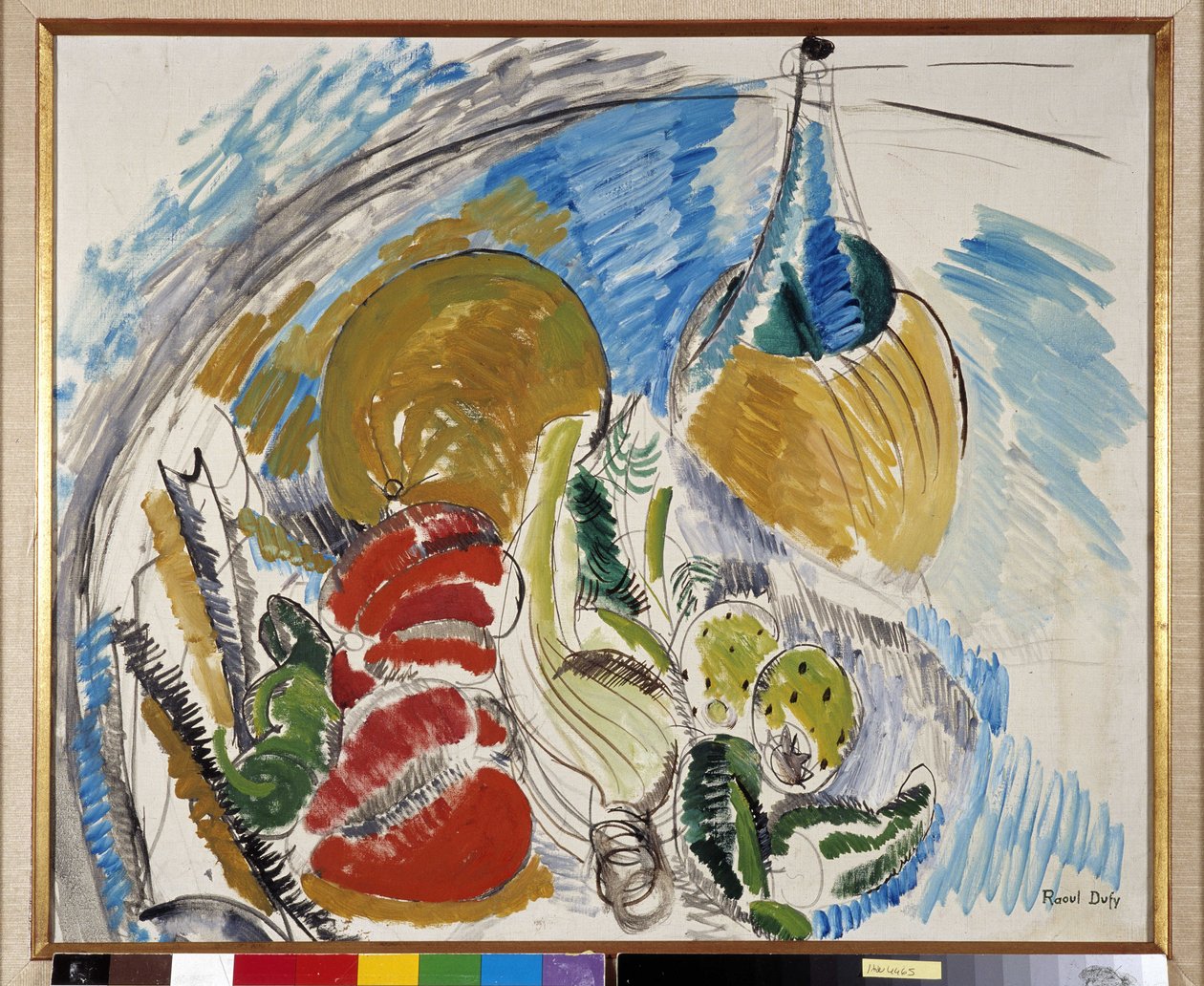 Stilleben med frugt, grøntsager og en flaske vin på et bord af Raoul Dufy
