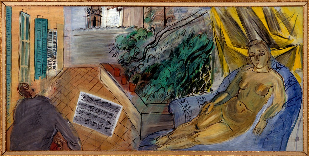 Nøgen på terrassen. En mand spiller cello foran et partitur, og i nærheden af ham lytter en nøgen kvinde til ham. af Raoul Dufy