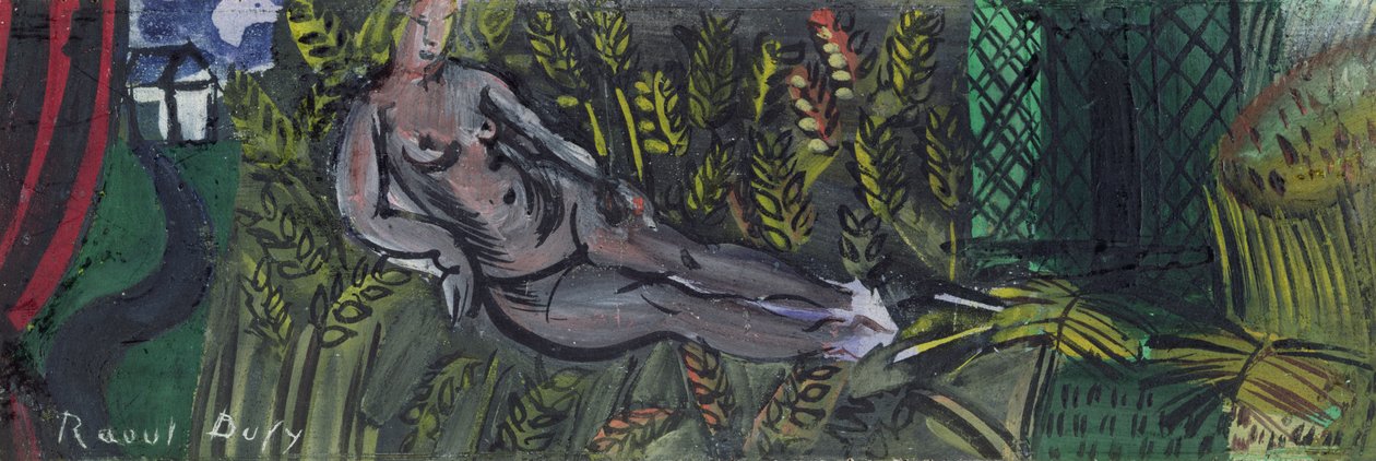 Nymfe liggende i hveden (olie på lærred) af Raoul Dufy