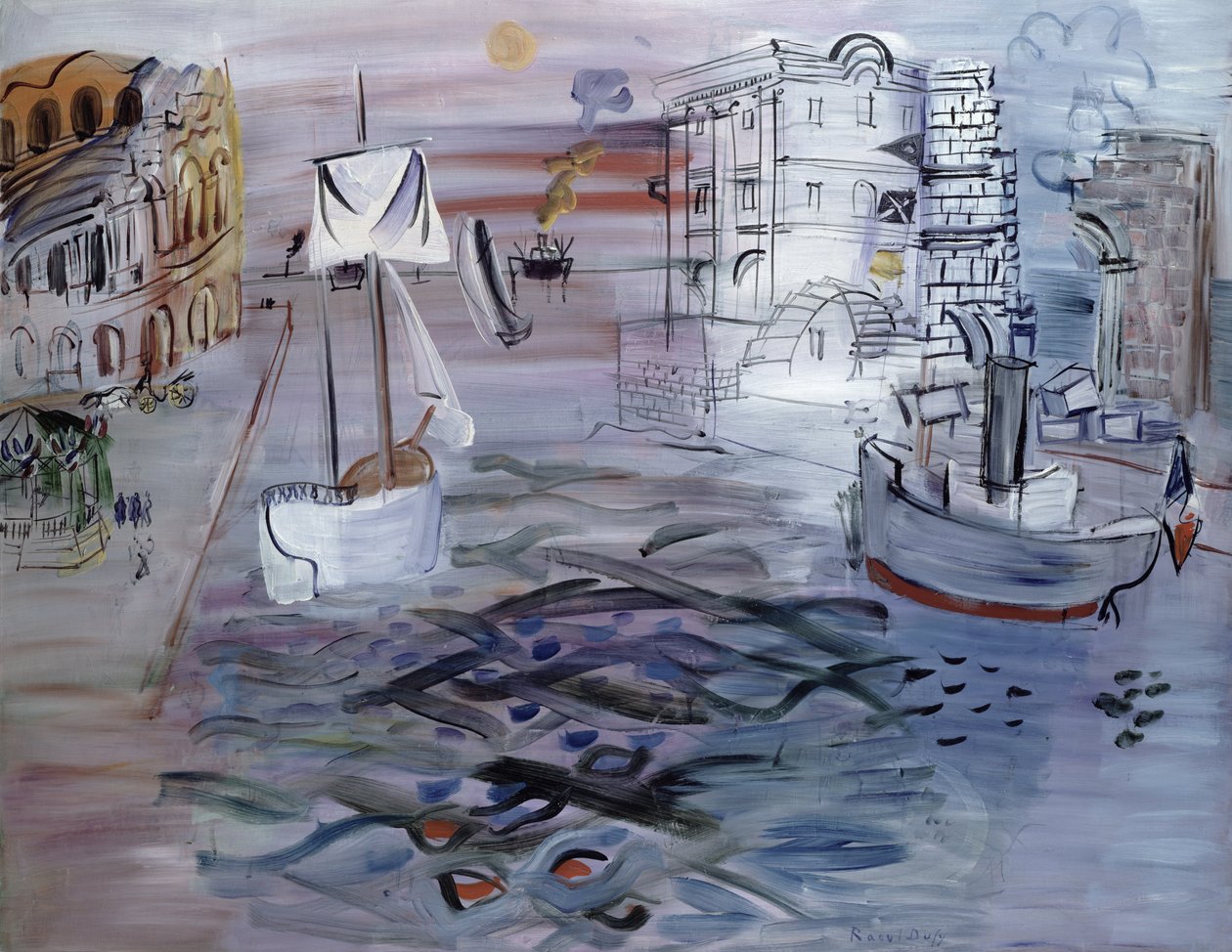 Havn med sejlbåd, hyldest til Claude Lorrain, ca. 1935 (olie på lærred) af Raoul Dufy
