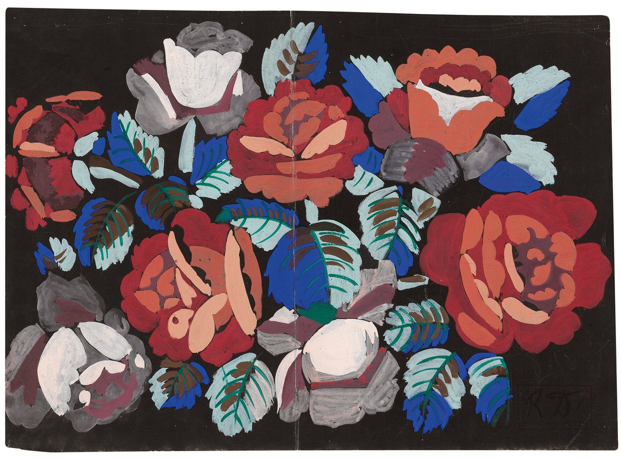Røde og lyserøde roser (gouache på sort grundet papir) af Raoul Dufy