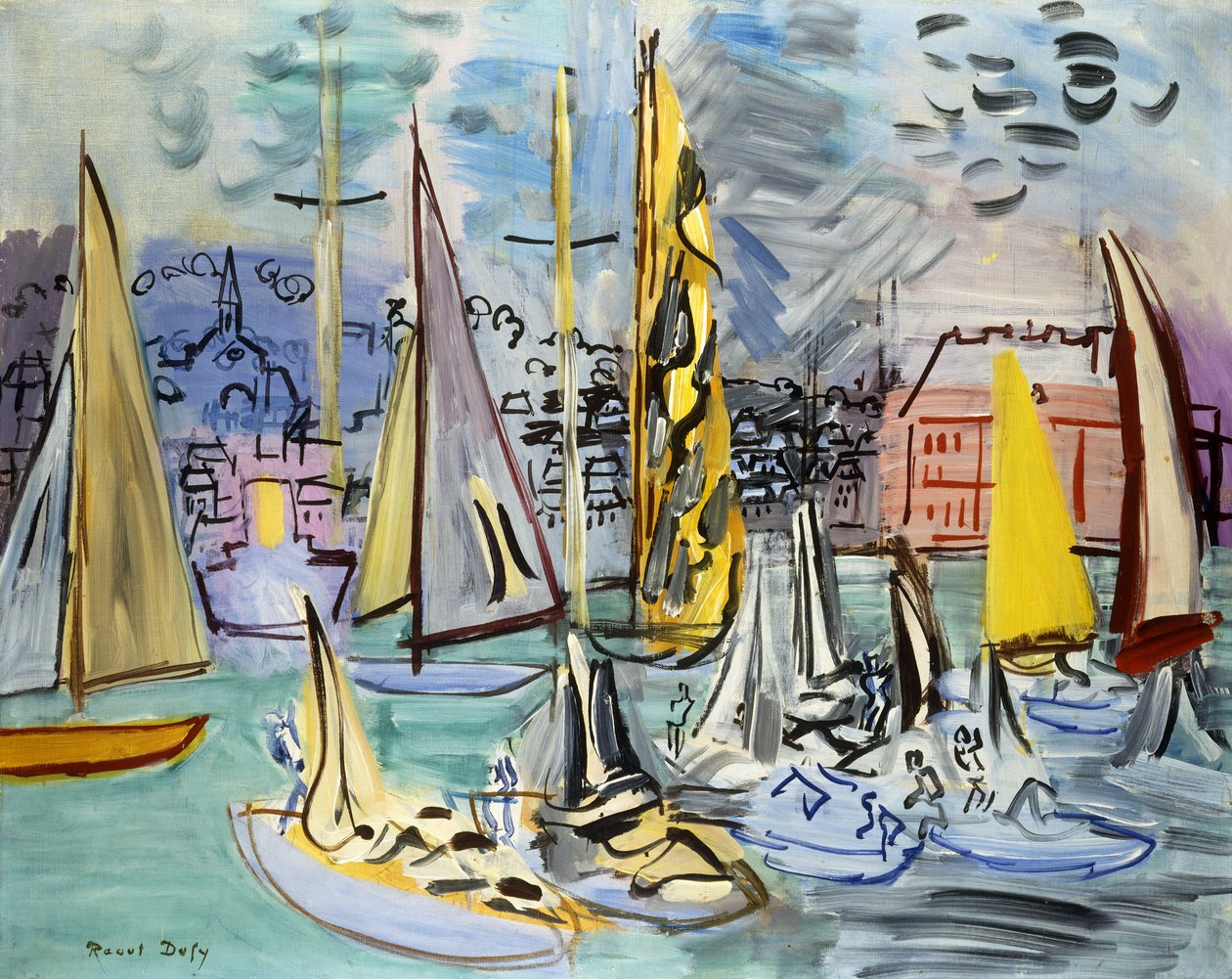 Sejlbåde i havnen i Deauville; Voiliers dans le Port de Deauville af Raoul Dufy