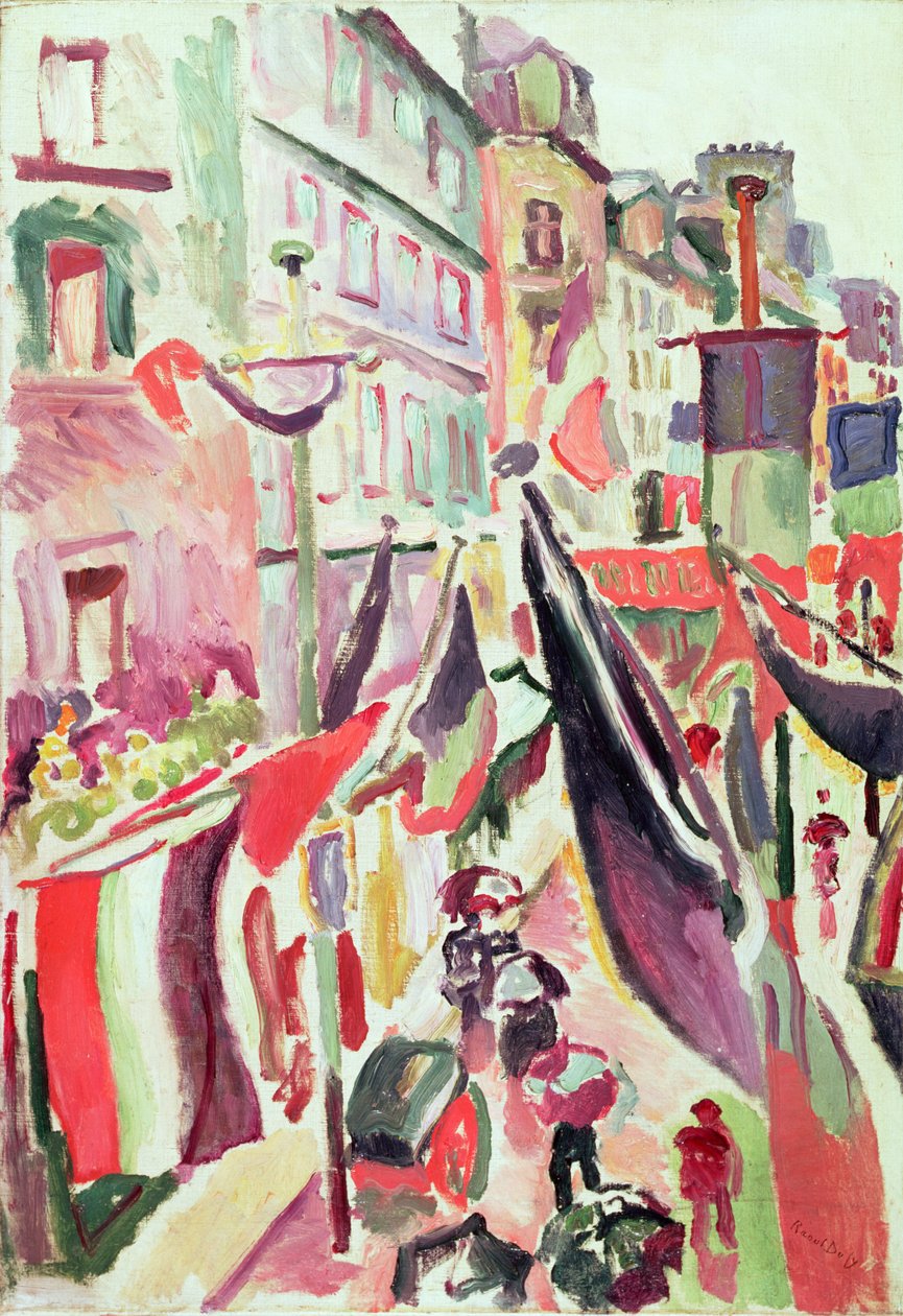 Gade dekoreret med flag, Le Havre (olie på lærred) af Raoul Dufy