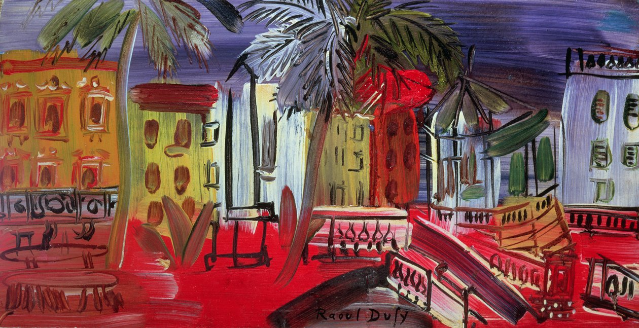 Musikpavillonen på torvet, Hyeres, ca. 1938 (panel) af Raoul Dufy
