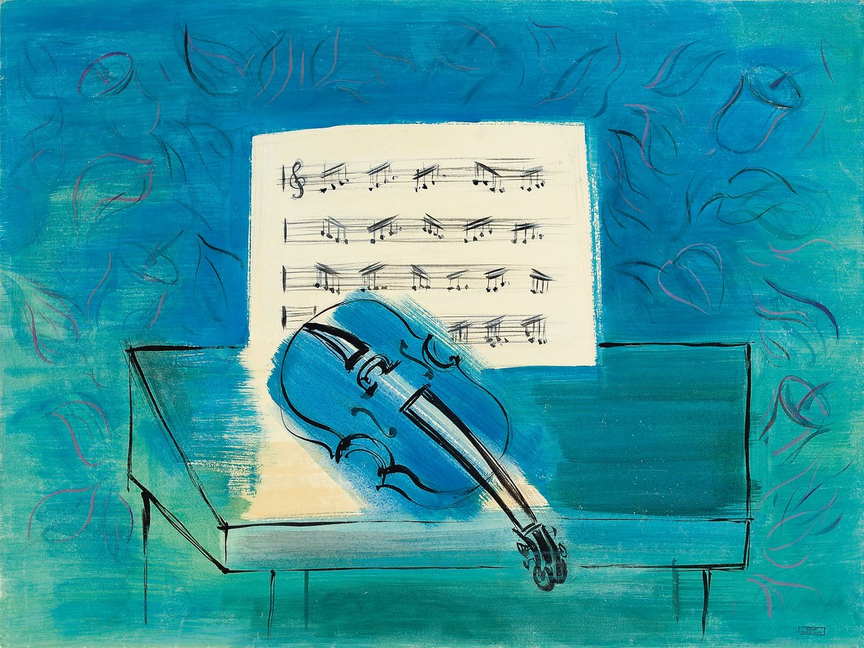 Den blå violin, ca. 1946 (gouache, akvarel og blæk på papir) af Raoul Dufy