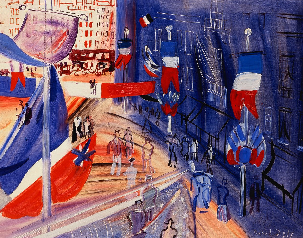 Gaden oversvømmet med amerikanske bannere; La rue Pavoisee a la Banniere Americaine, ca. 1930 (olie på hårdt karton) af Raoul Dufy