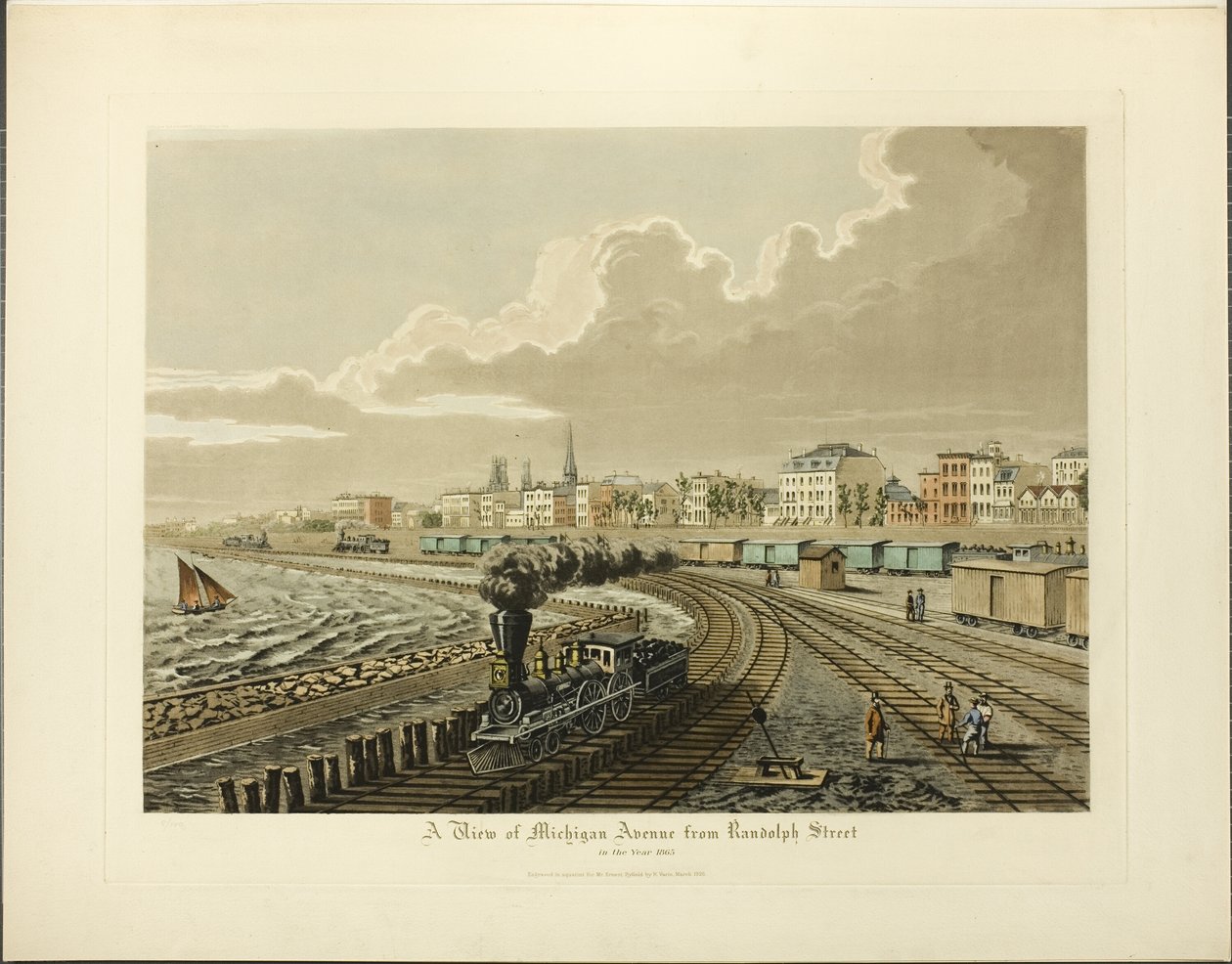 En udsigt over Michigan Avenue fra Randolph Street i år 1865 af Raoul Varin