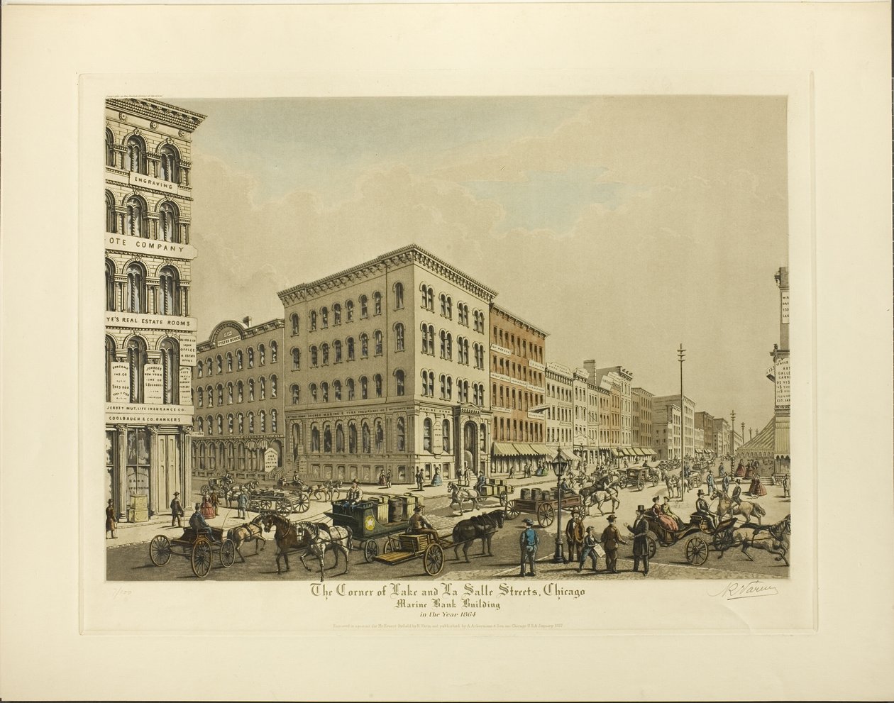 Corner of Lake and La Salle Streets, Chicago, Marine Bank Building i år 1864 af Raoul Varin