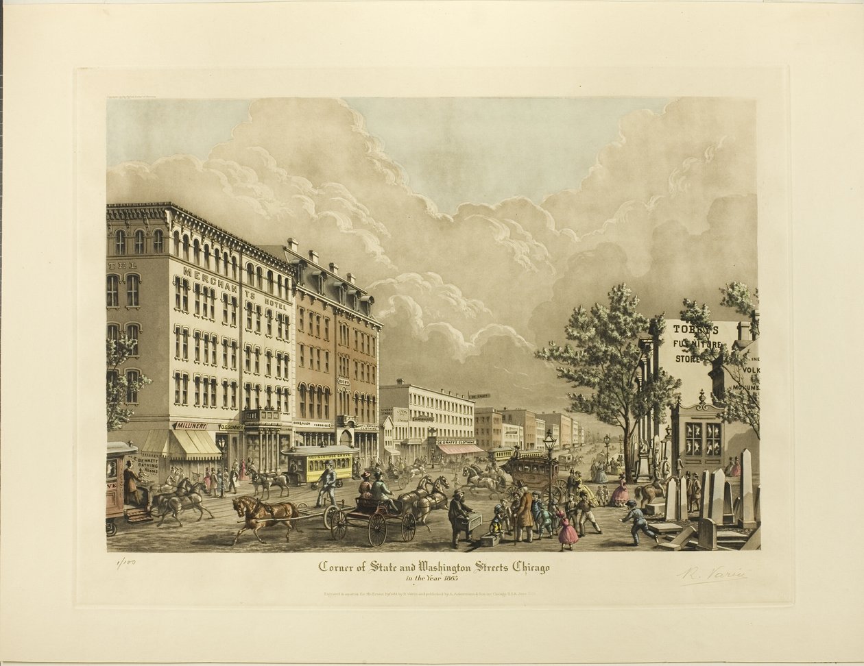 Corner of State og Washington Streets, Chicago, i år 1865 af Raoul Varin
