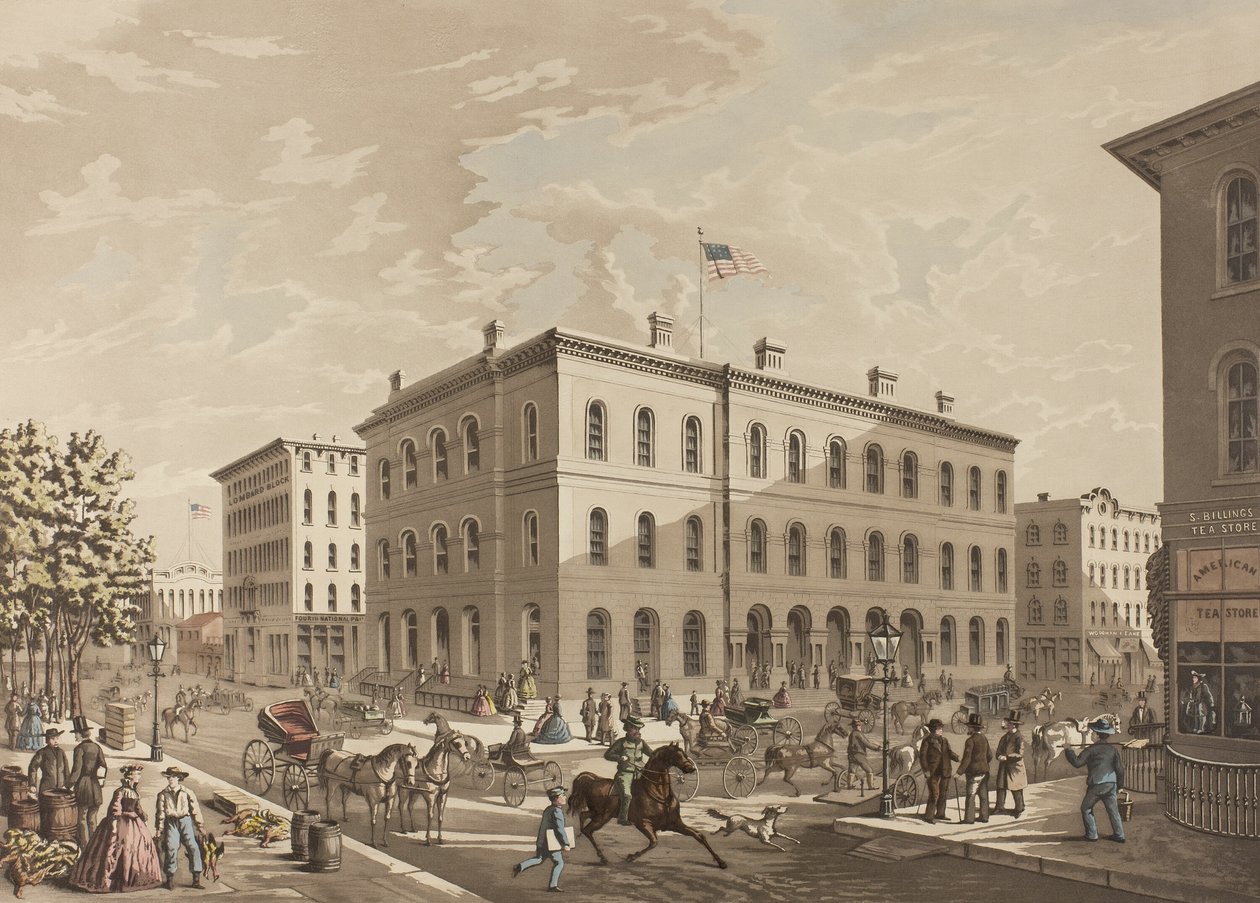 N.W. Hjørne af Dearborn og Monroe Streets, Chicago, viser postkontorbygningen i år 1865 af Raoul Varin