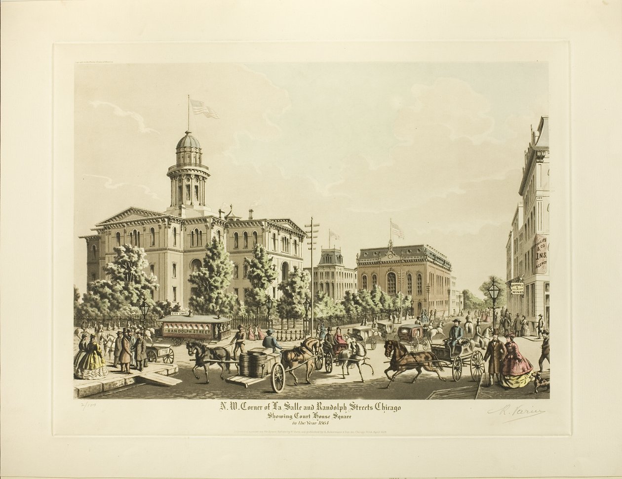 N. W. Corner af LaSalle og Randolph, Chicago, viser Court House Square i år 1864 af Raoul Varin