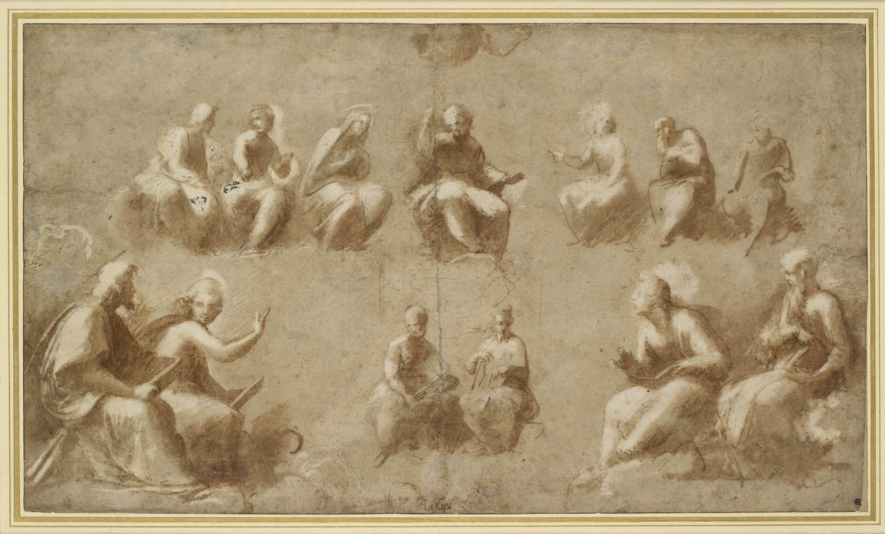 Kristus og de hellige i herlighed (studie til Disputa) (penseltegning med brun blæk) af Raffaello Sanzio Raphael