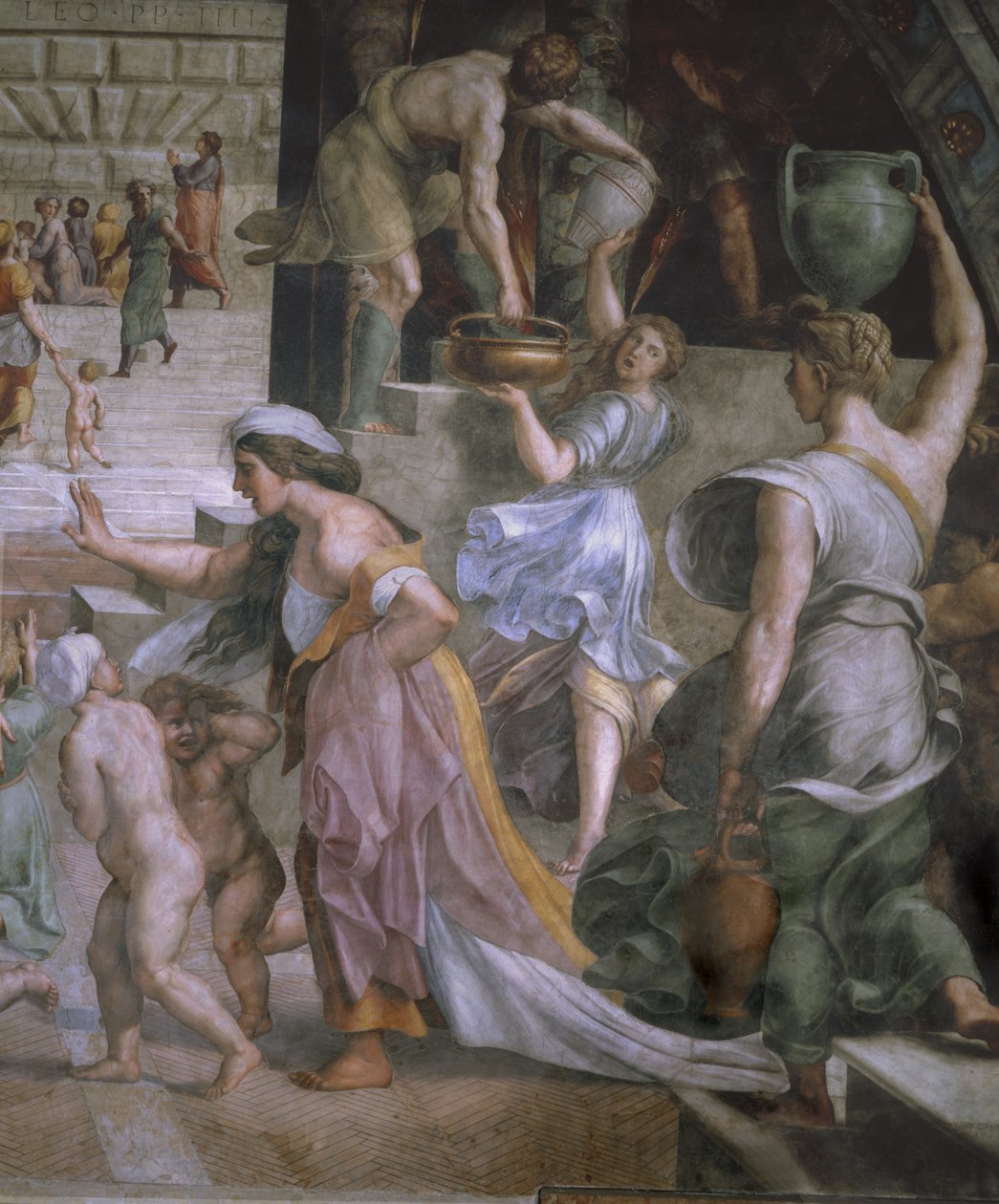 Detalje fra Branden i Borgo, Rummet med branden i Borgo, 1514 af Raffaello Sanzio Raphael