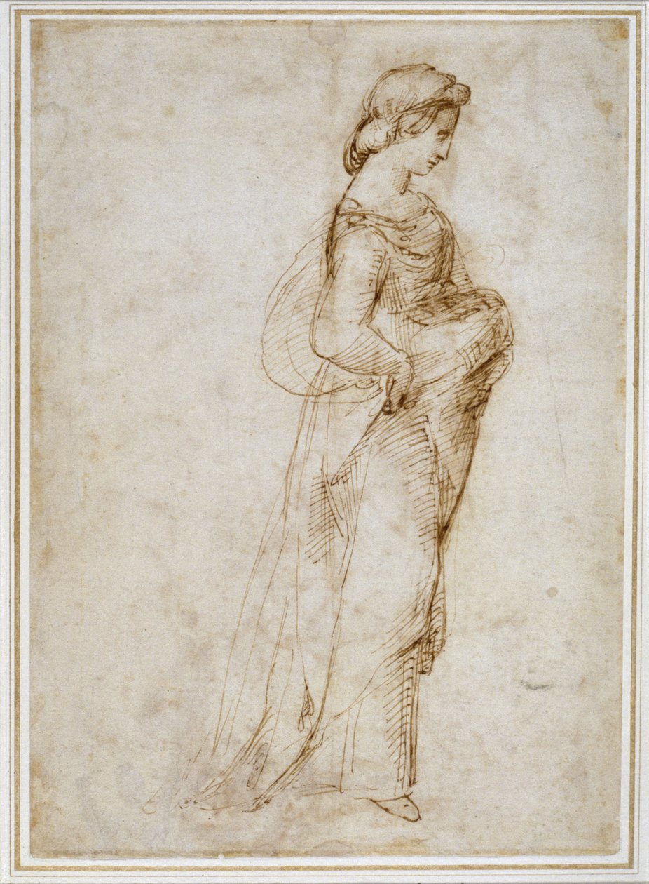 Kvindefigur, der går til højre (pen og brunt blæk på råhvidt papir) af Raffaello Sanzio Raphael