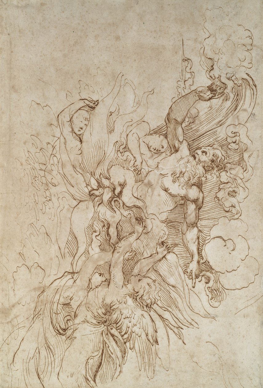 Jehova i en flammende sky ledsaget af engle (recto) (pen og brunt blæk på råhvidt papir) af Raffaello Sanzio Raphael
