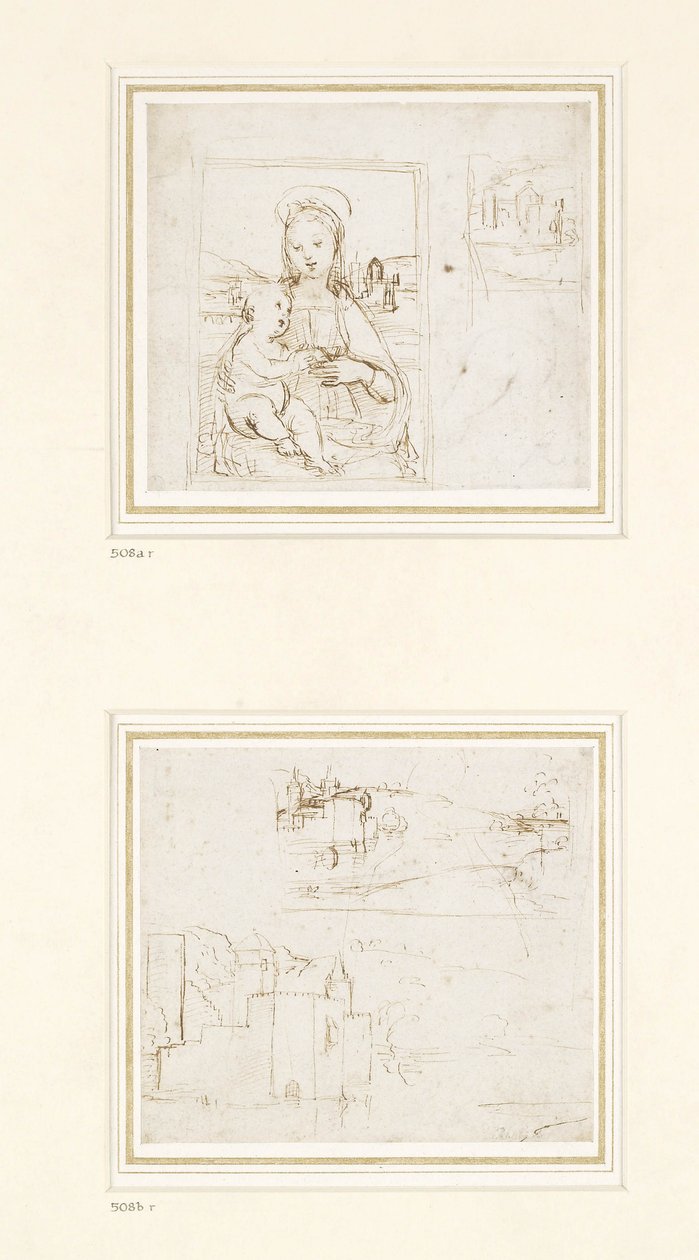 Landskabsskitse med en kort undersøgelse af Jomfru Marias hoved vendt mod venstre, 1500-1504 (pen og brunt blæk over metalpoint på hvidt papir) af Raffaello Sanzio Raphael