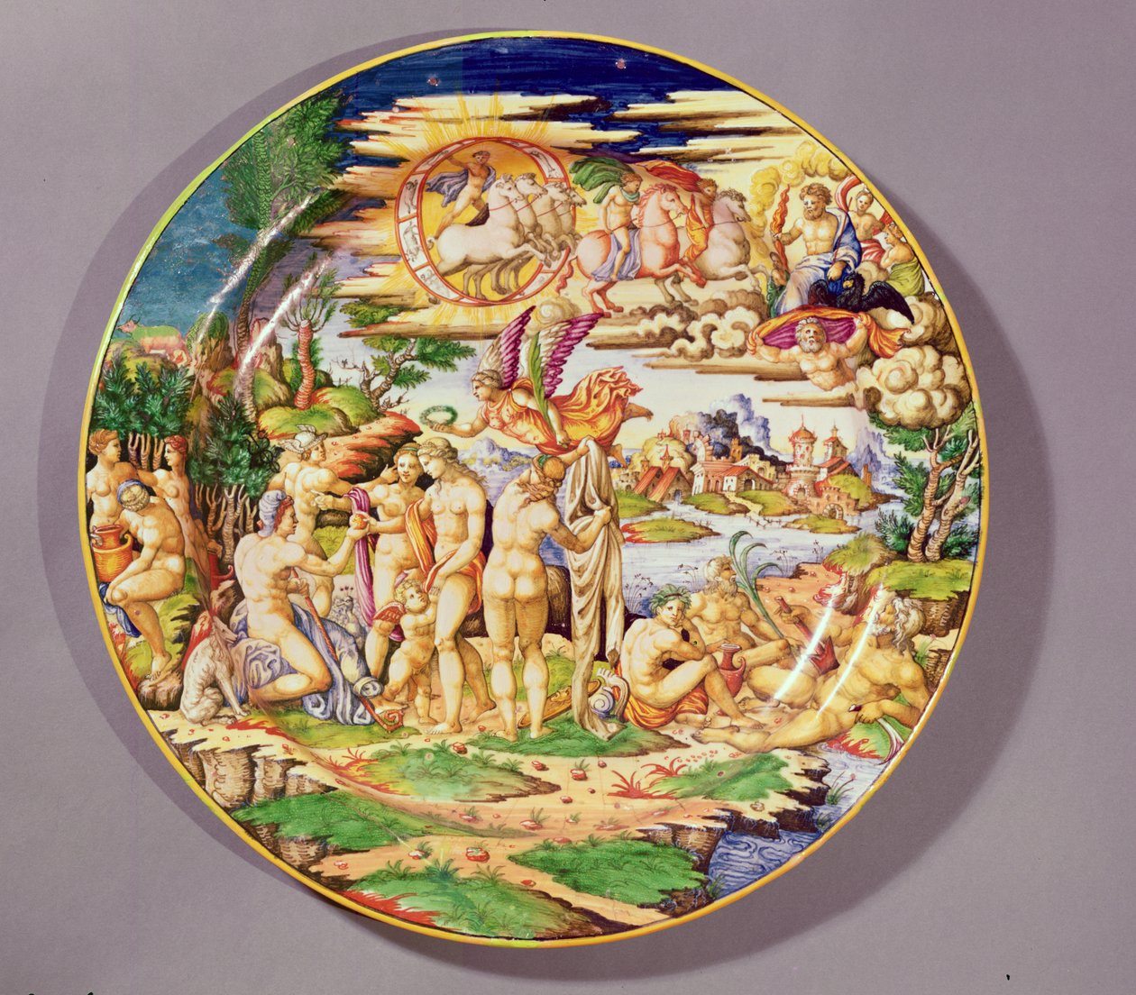 Stort fad forestillende Paris-dommen, lavet på Atelier de Faenza (keramik) af Raffaello Sanzio Raphael