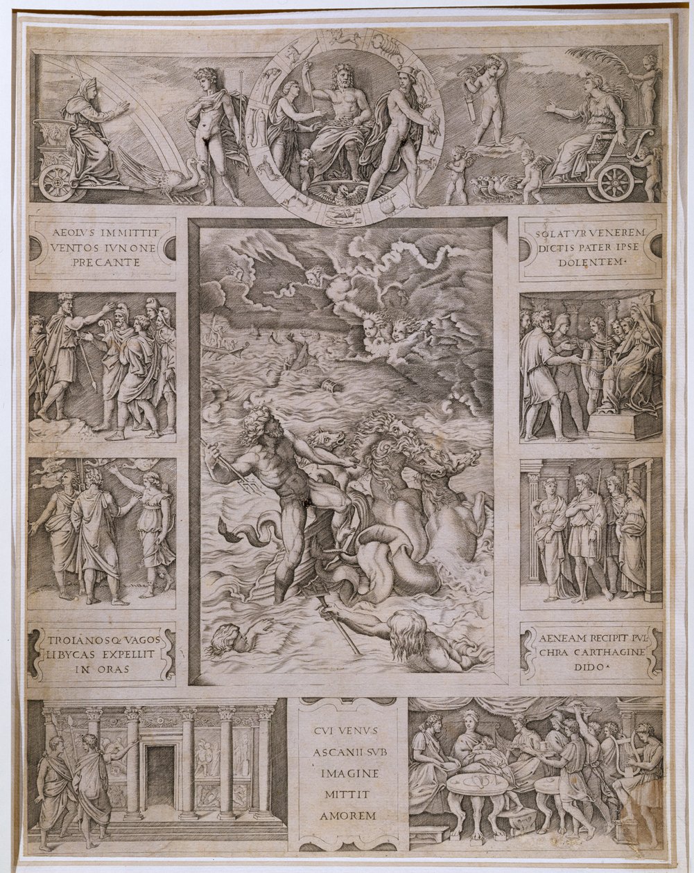 Quos Ego, Neptun Calming the Storm, med kanter, der viser yderligere scener fra Virgils 