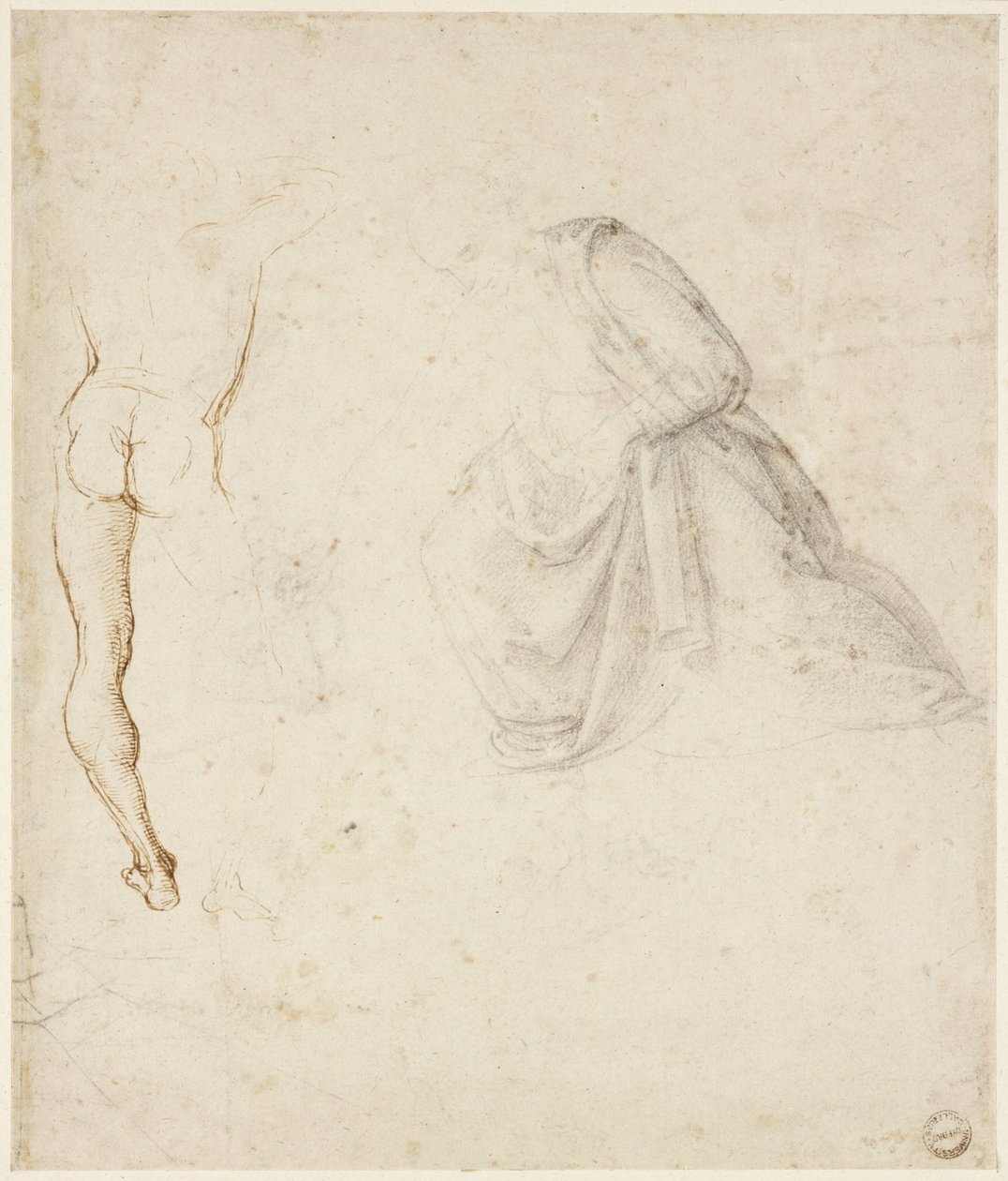 Rekto: Bagfra af en stående mand, efter Signorelli; draperiet af en knælende figur, WA1846.145 af Raffaello Sanzio Raphael
