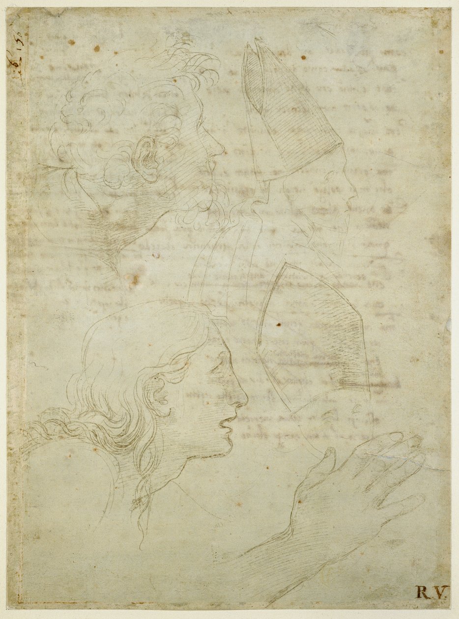 Recto: Studier af et hoved og en hånd. Verso: Groft udkast til sonetterne "Come non podde dir" og "Amor tu m"envesscati", WA1846.187 af Raffaello Sanzio Raphael