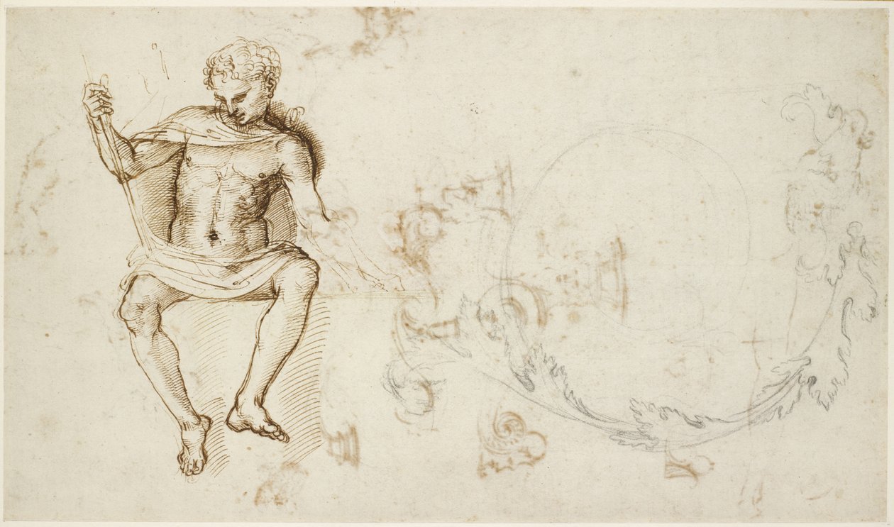 Recto: Studier af en siddende mand og af akantusløv, WA1846.147 af Raffaello Sanzio Raphael