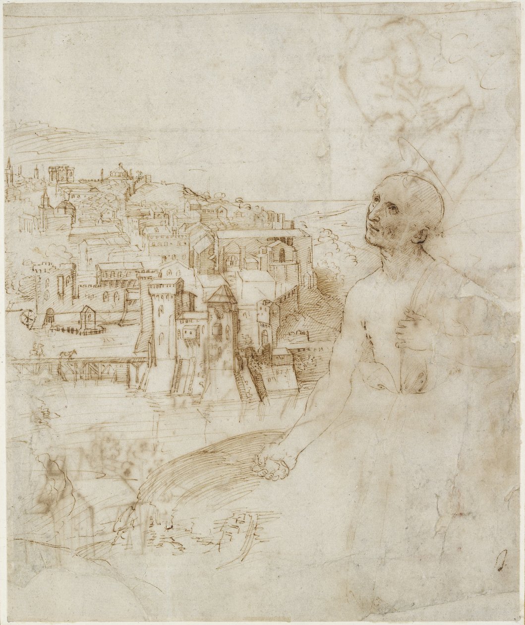 Recto: Udsigt over byen Perugia, med den angrende St. Jerome i forgrunden, WA1846.10 af Raffaello Sanzio Raphael