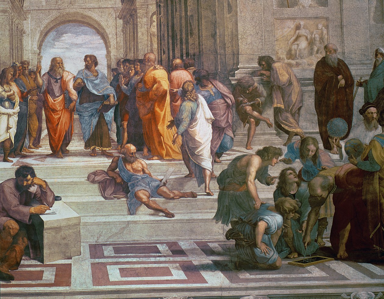 Athenskolen, detalje fra højre side med Diogenes på trappen og Euklid, 1510-11, fresko detalje af 472 af Raffaello Sanzio Raphael