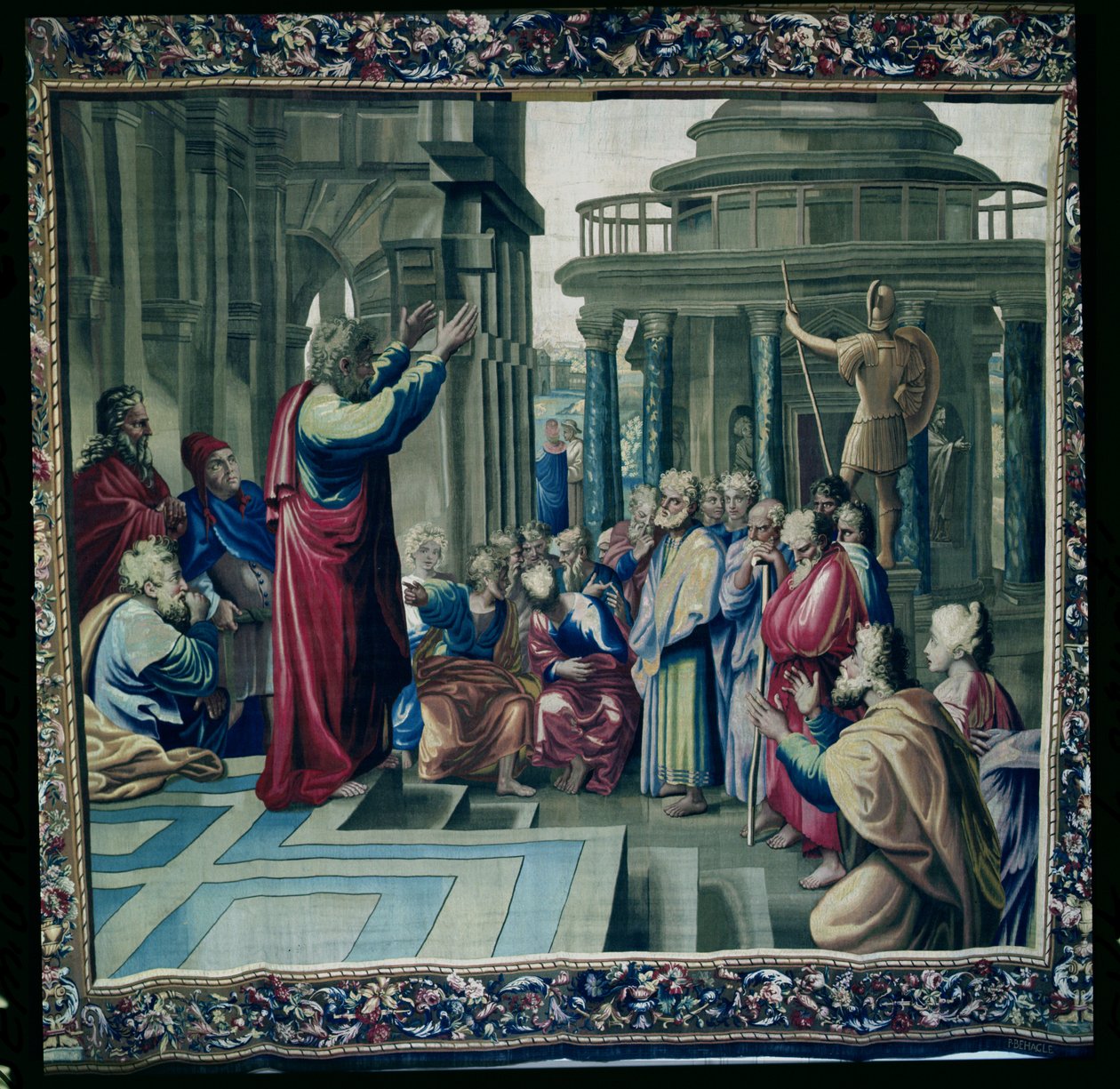 St. Paul Preaching at Areopagus, fra en serie, der skildrer Apostlenes Gerninger, vævet på Beauvais Workshop under ledelse af Philippe Behagle (1641-1705) 1695-98 (uldtapet) af Raffaello Sanzio Raphael