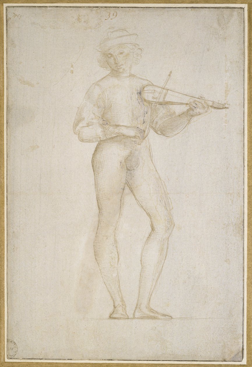 Studie af en ung mand, der laver musik (sølvspids, forhøjet med kropsfarve, på et bleg stengrå præparat) af Raffaello Sanzio Raphael