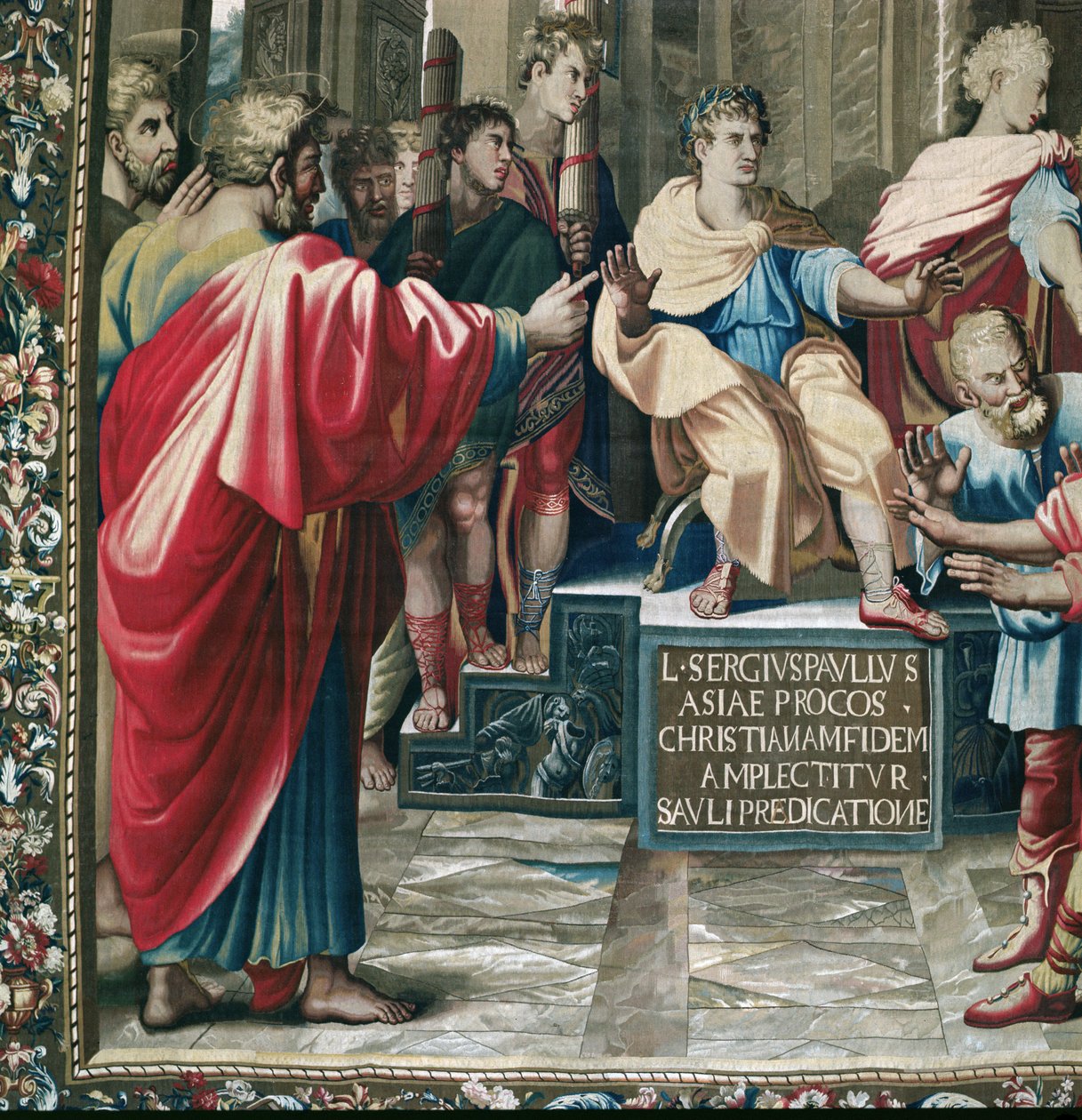 Gobelin, der forestiller Apostlenes Gerninger. The Blindness of Elymas detalje af Saint Paul og den romerske prokonsul Sergius Paulus, vævet på Beauvais Workshop under ledelse af Philippe Behagle af Raffaello Sanzio Raphael