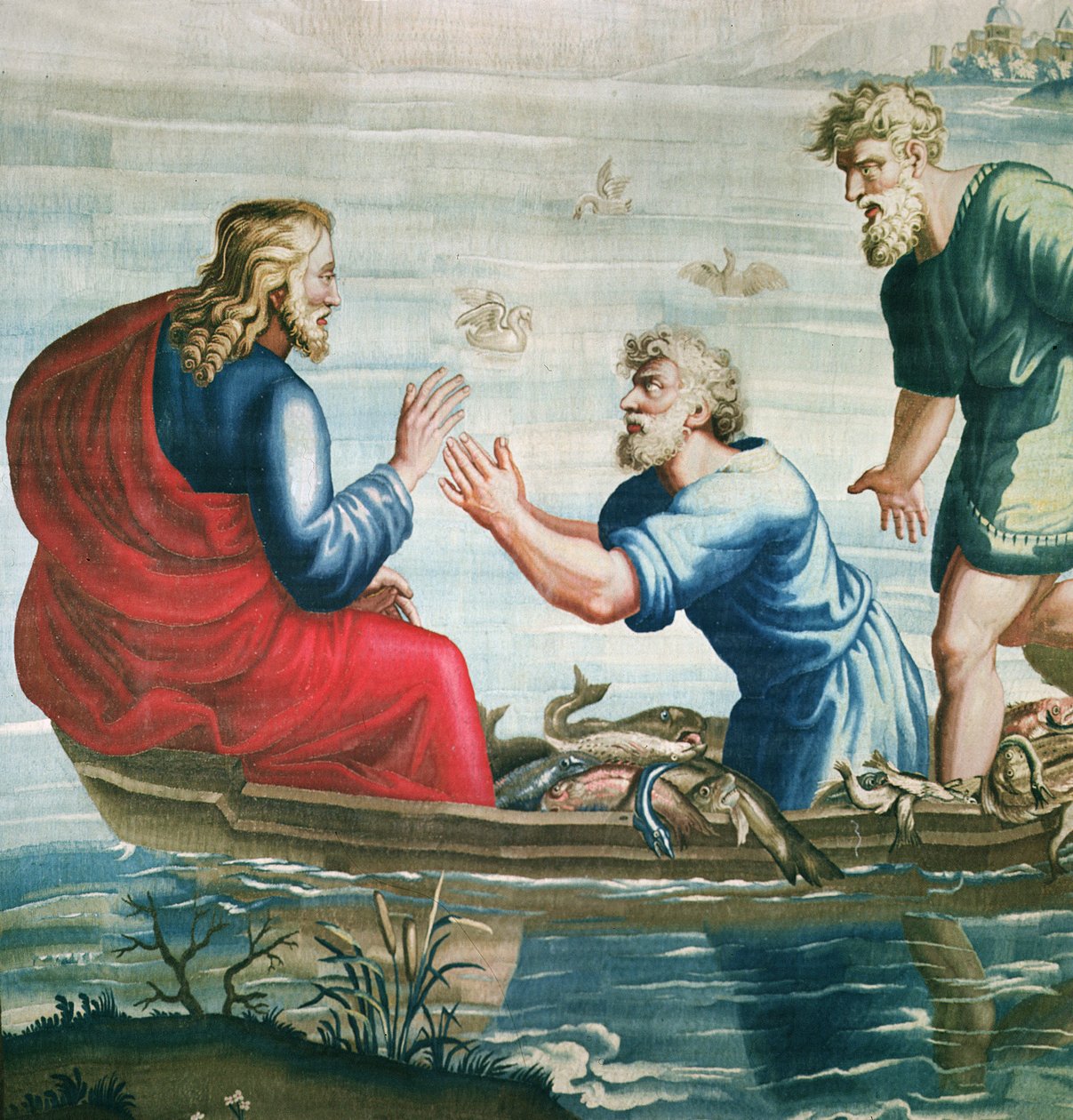 Tapetet af apostlenes Gerninger, Den mirakuløse fiskefangst detalje af Kristus og Sankt Peter knælende, vævet på Beauvais Workshop under ledelse af Philippe Behagle 1641-1705, 1 af Raffaello Sanzio Raphael