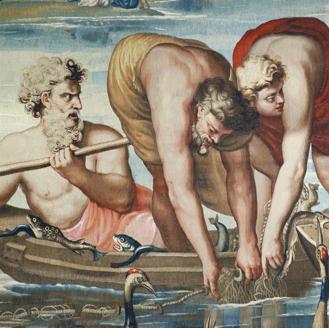Tapetet af apostlenes Gerninger, Den mirakuløse fiskefangst detalje af fiskerne, der installerer deres net, vævet på Beauvais-værkstedet under ledelse af Philippe Behagle 1641-1705 af Raffaello Sanzio Raphael