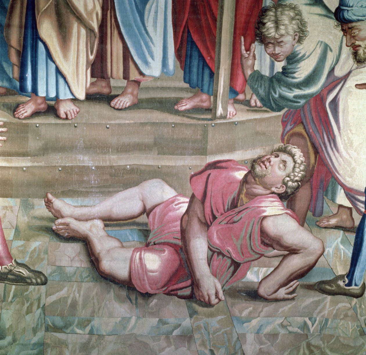 Tapetet af apostlenes Gerninger, Ananias død detalje af Ananias døende, vævet på Beauvais Workshop under ledelse af Philippe Behagle 1641-1705, 1695-98 uldtæppe af Raffaello Sanzio Raphael