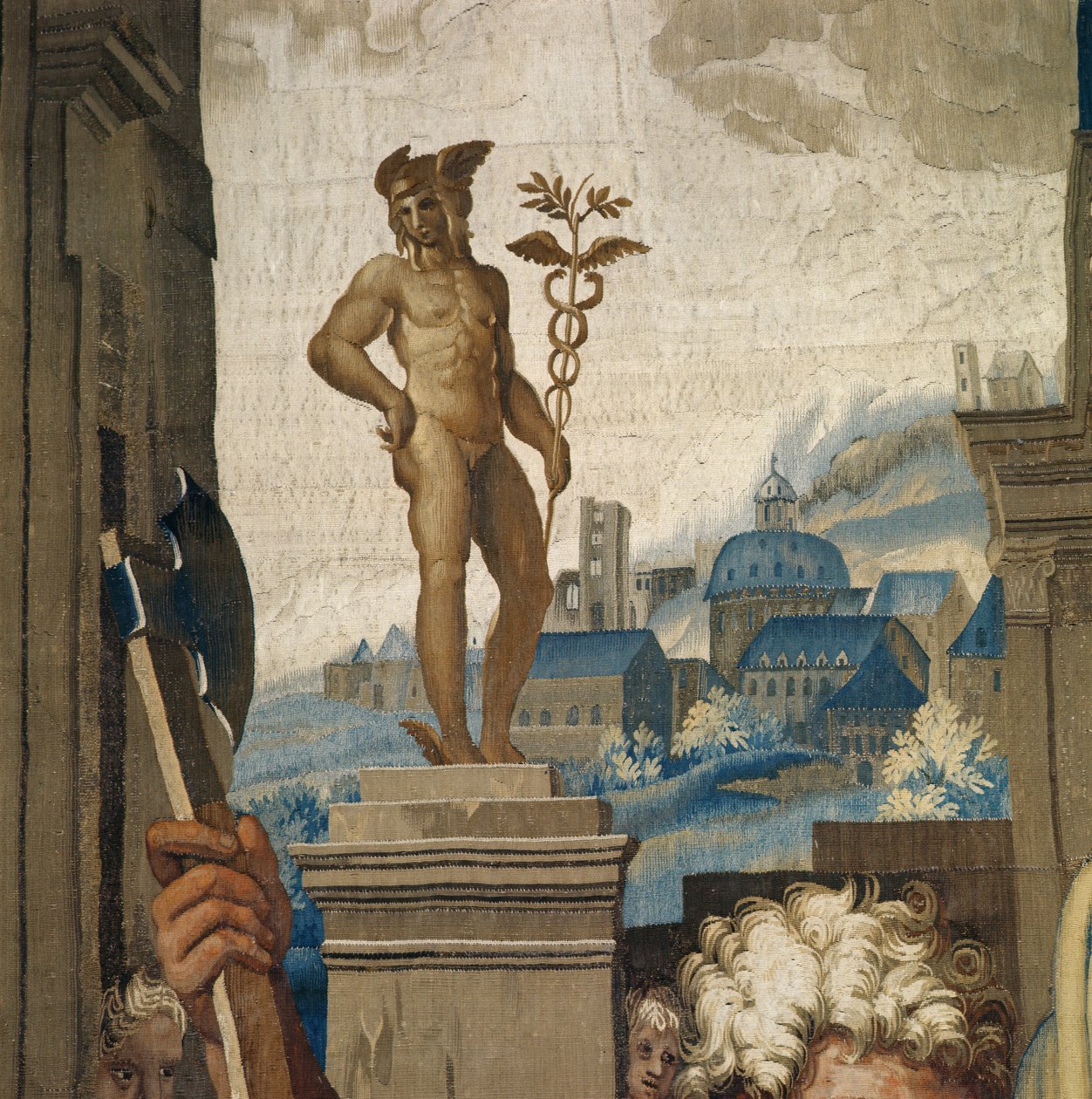 Gobelin, der afbilder Apostlenes Gerninger, Offeret af Lystra, detalje af statue, der repræsenterer guddom Merkur, vævet på Beauvais-værkstedet under ledelse af Philippe Behagle 1641-1705, af Raffaello Sanzio Raphael
