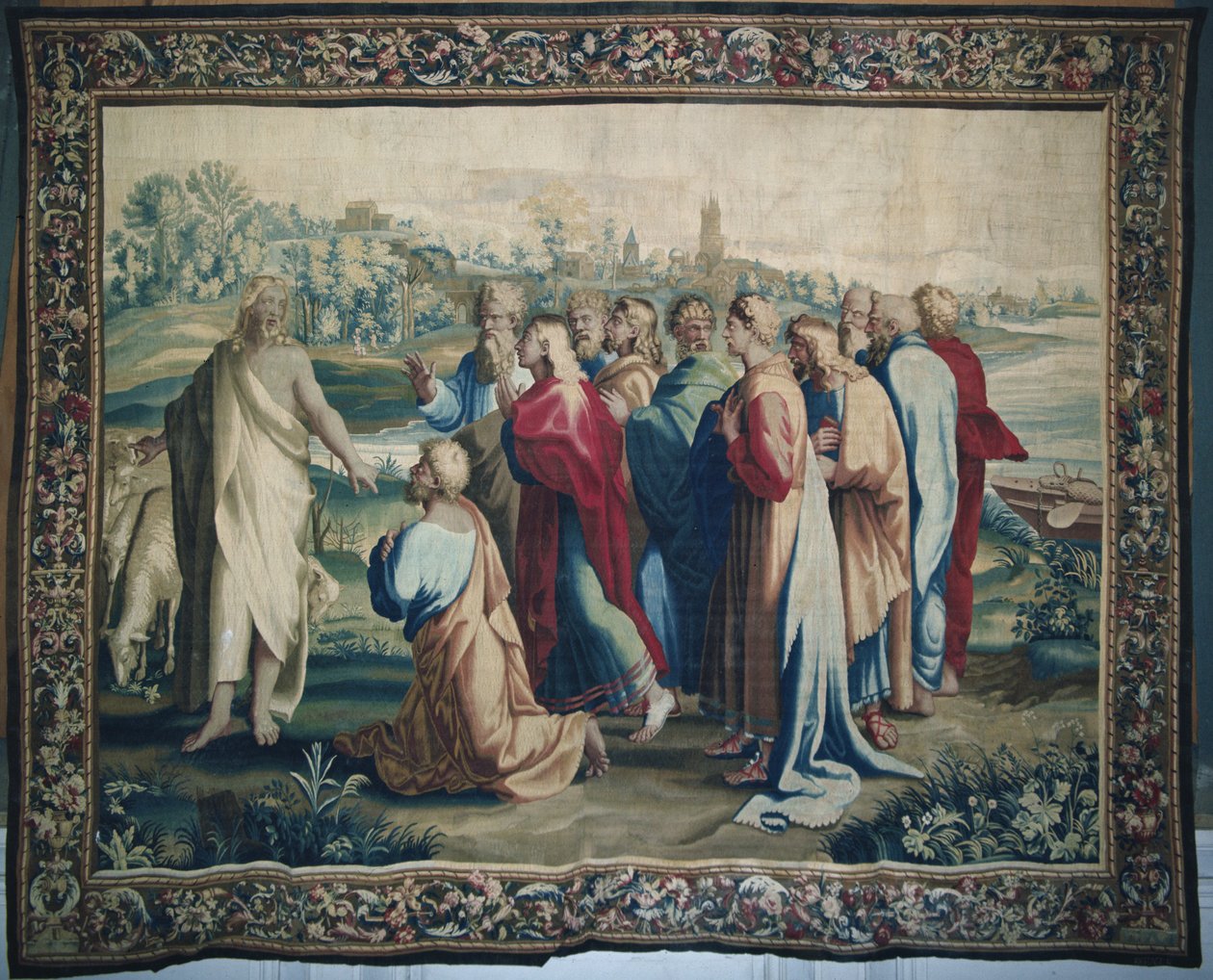 Vægtæppe, der afbilder Apostlenes Gerninger, Sankt Pauls kaldelse detalje af apostlene, vævet på Beauvais-værkstedet under ledelse af Philippe Behagle 1641-1705, 1695-98 uldtæppe af Raffaello Sanzio Raphael
