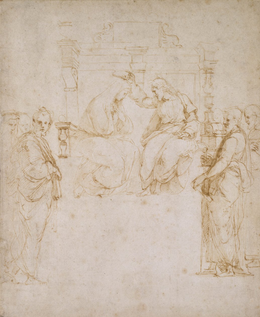 Jomfruens kroning (pen og brunt blæk på råhvidt papir) af Raffaello Sanzio Raphael