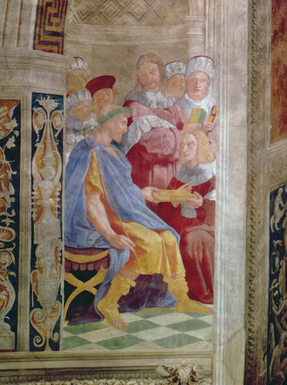 De retlige dyder: Pave Gregor IX godkender Vatikanets dekreter; Justinian afleverer Pandects til Trebonianus freskodetalje fra 845 af Raffaello Sanzio Raphael