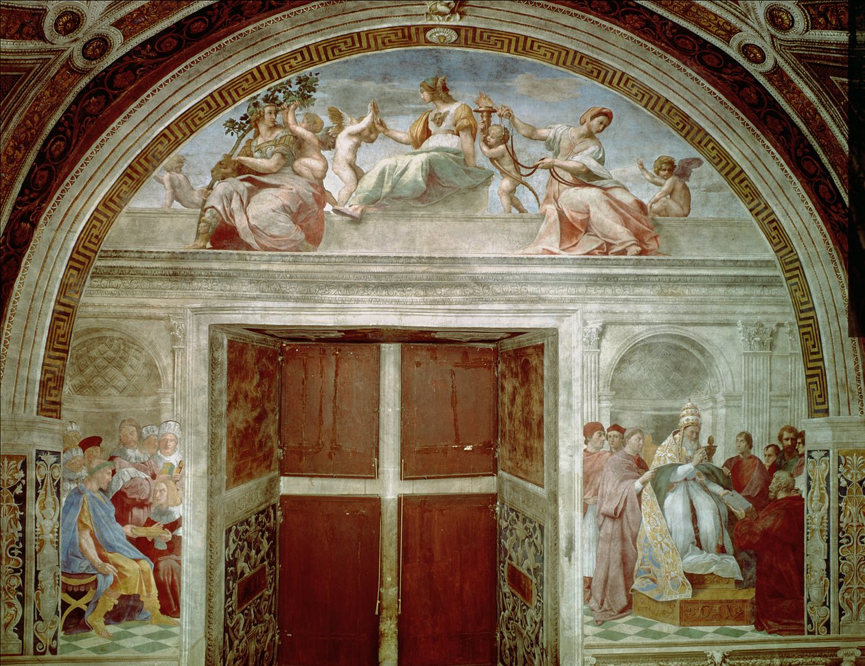 De retlige dyder: Pave Gregor IX godkender Vatikanets dekreter; Justinian afleverer Pandects til Trebonianus af Raffaello Sanzio Raphael