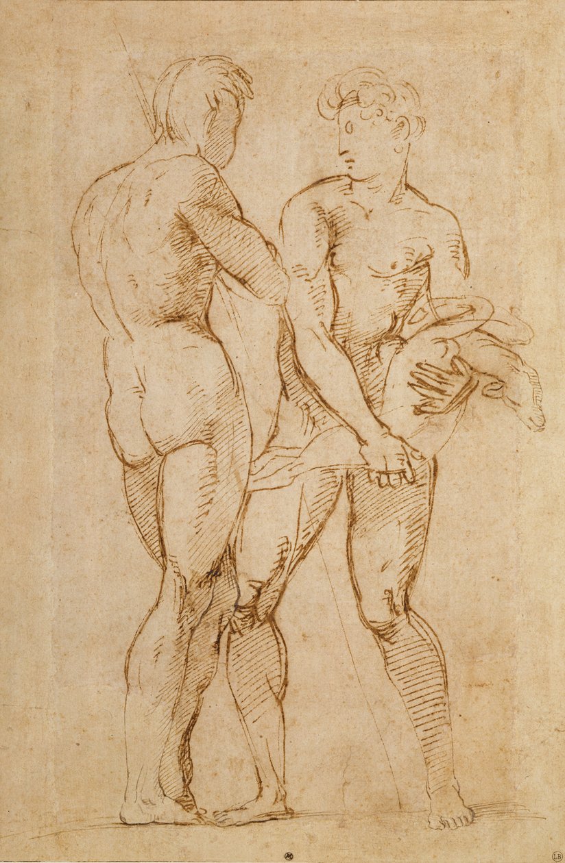 To nøgne mænd stående, den ene holder et lam af Raffaello Sanzio Raphael