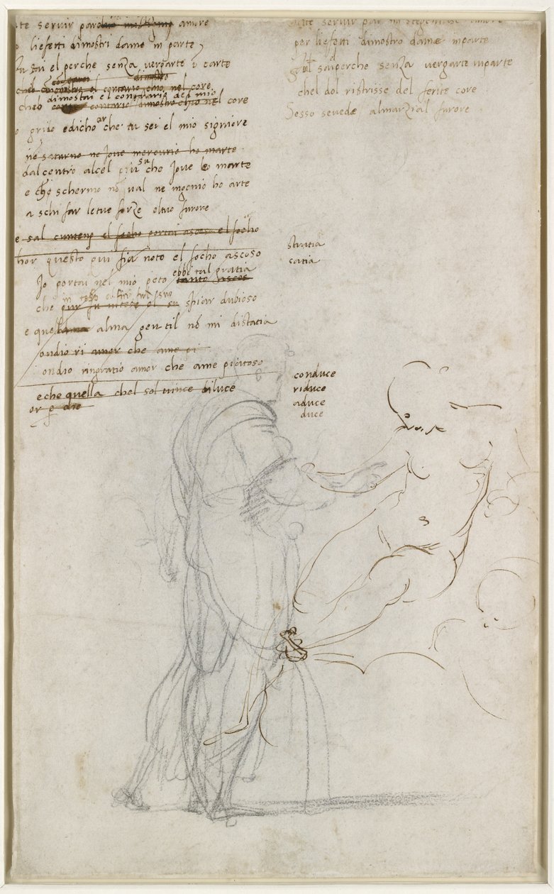 Verso: Figurstudier og en udkast til sonnet, WA1846.186 af Raffaello Sanzio Raphael