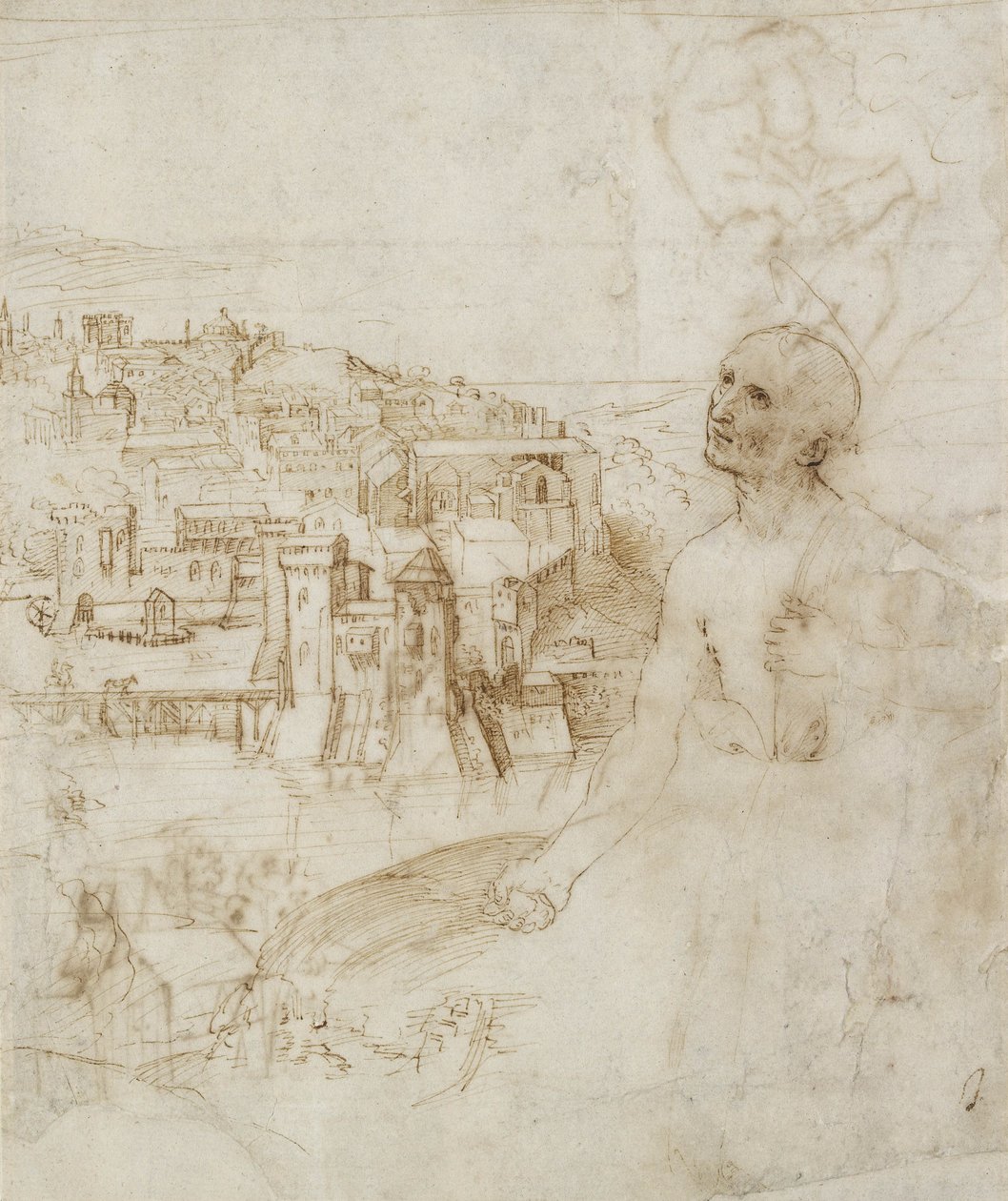 Udsigt over byen Perugia, med den skriftebørn Sankt Hieronymus i forgrunden, 1504 (pen og brun blæk på hvidt papir) af Raffaello Sanzio Raphael