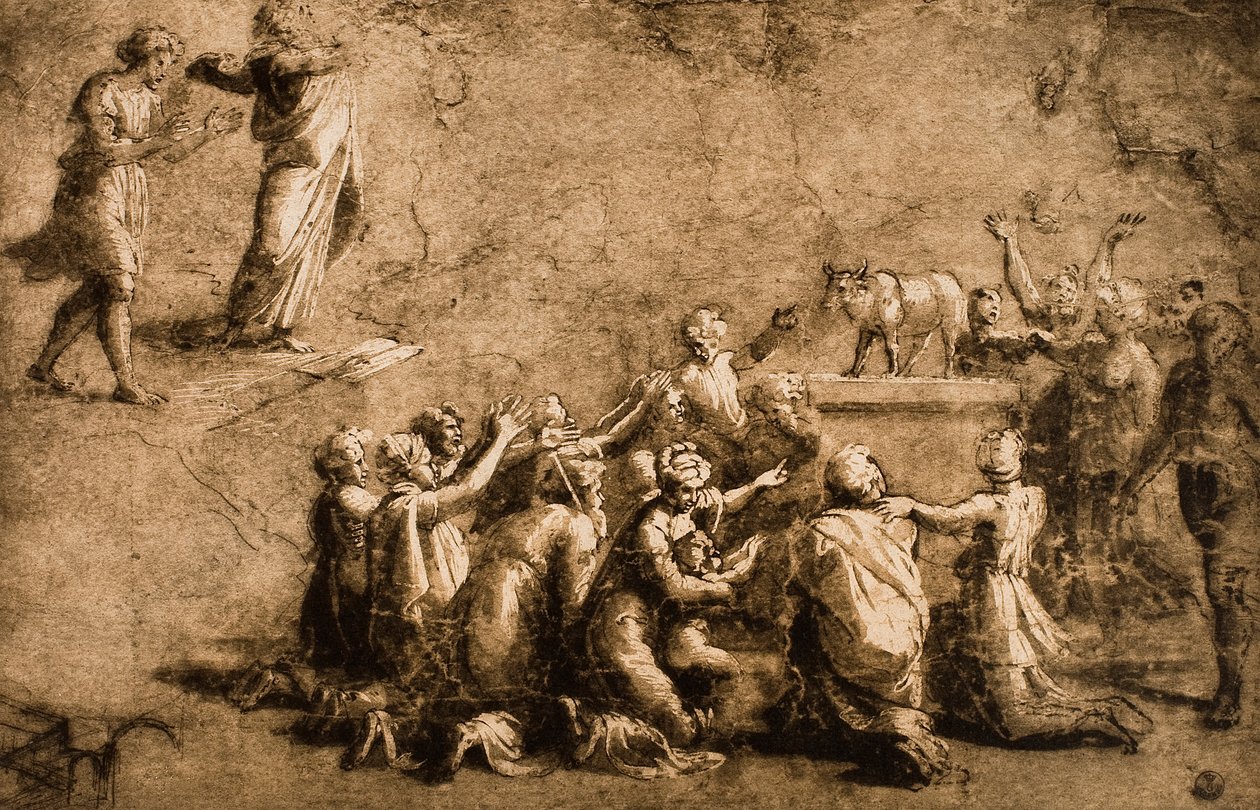 Tilbedelse af guldkalven eller Moses bryder lovens tavler; tegning af Raphael. Gabinetto dei Disegni e delle Stampe, Uffizi Gallery, Firenze af Raffaello Sanzio Raphael