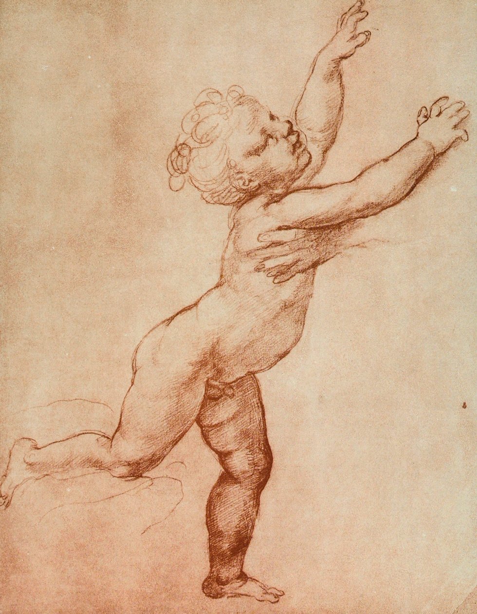 Tegning af en baby, der løber mod højre, hvor der ser ud til at være en person, der venter på ham, som man kun kan se en hånd af. Værk af Raffaello i Uffizierne i Tegne- og trykkerummet, i Florenc af Raffaello Sanzio Raphael