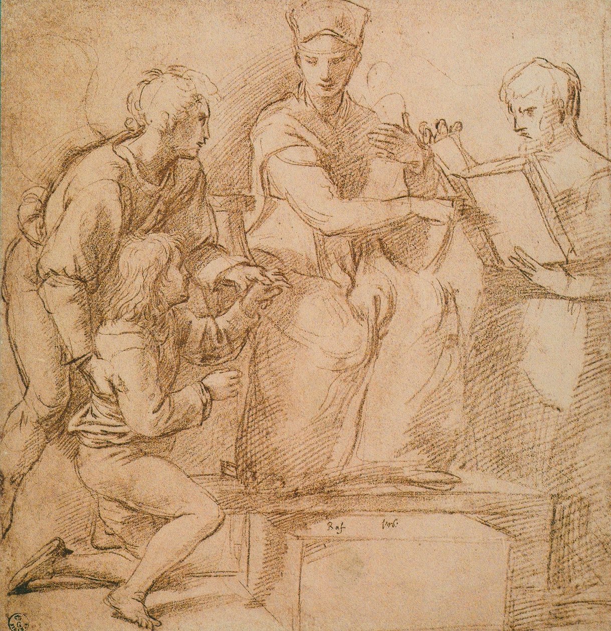 Fire Figurer (Madonna og Barn?), Tegning af Raphael. Kabinet for tegninger og tryk, Uffizi Gallery, Firenze af Raffaello Sanzio Raphael