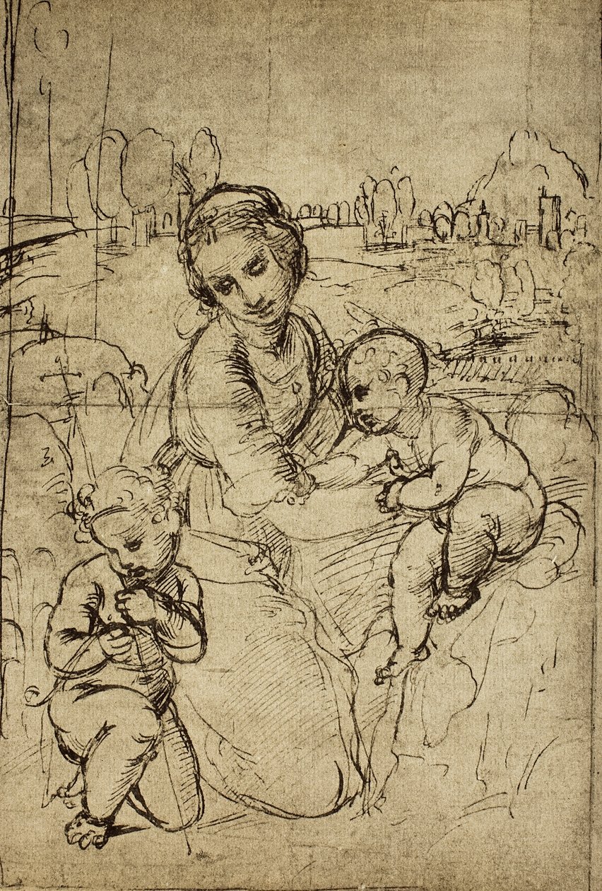 Madonna and Child og St. John (barn), tegning af Raphael. Kabinet for tegninger og tryk, Uffizi Gallery, Firenze af Raffaello Sanzio Raphael