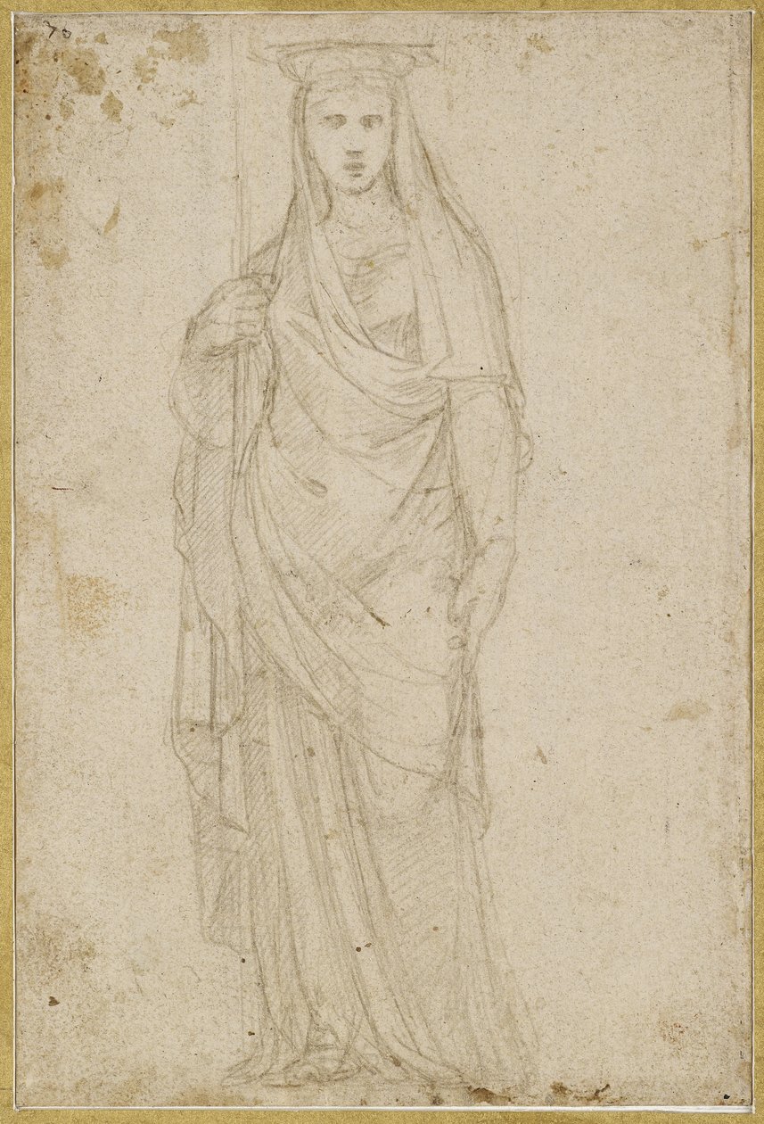 Recto: En karyatid, WA1965.47.5 (sølvpegepunkt på en lys stenfarvet præparation på cremefarvet papir) af Raffaello Sanzio Raphael